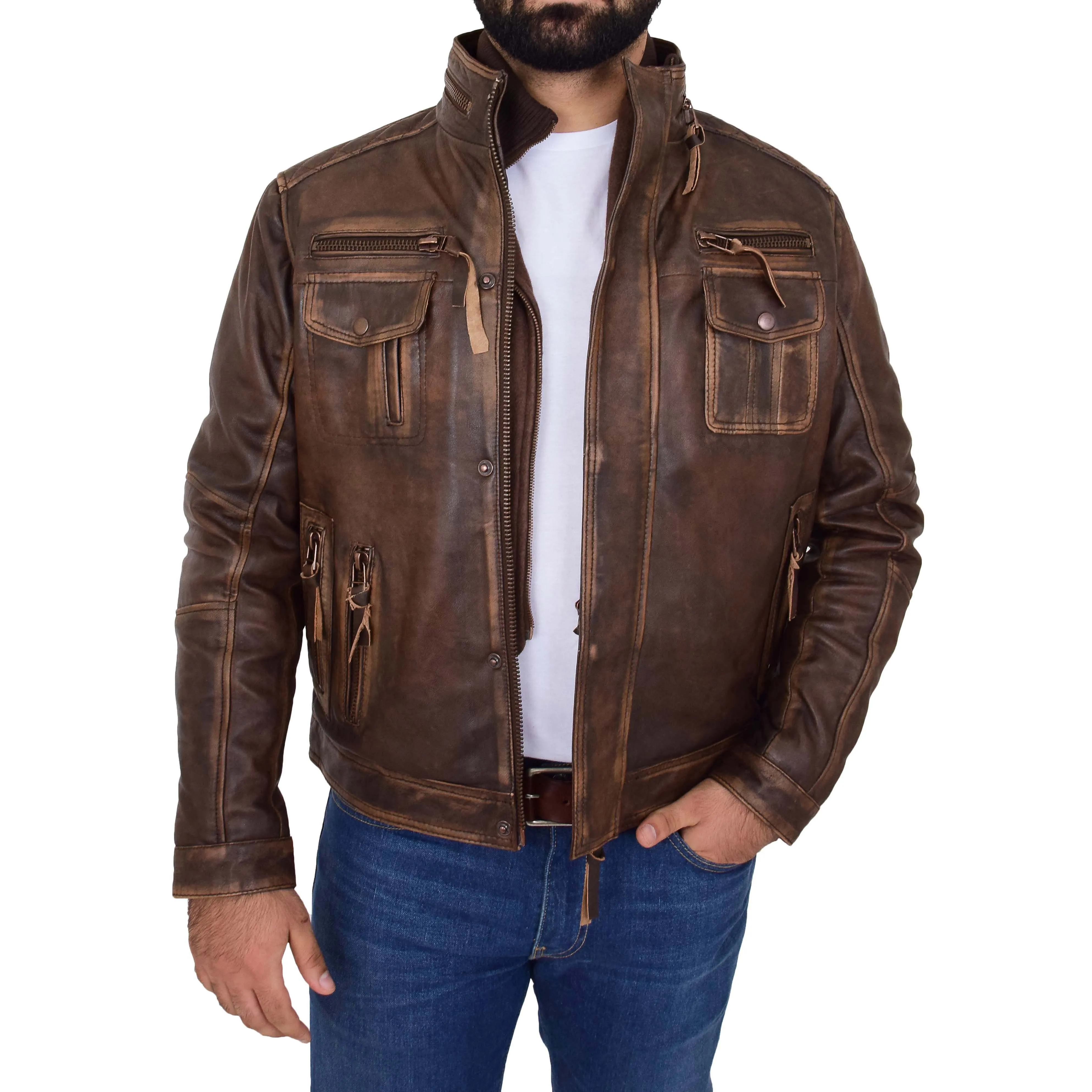 Mens Biker Leather Jacket Rugged Style Mario Rust