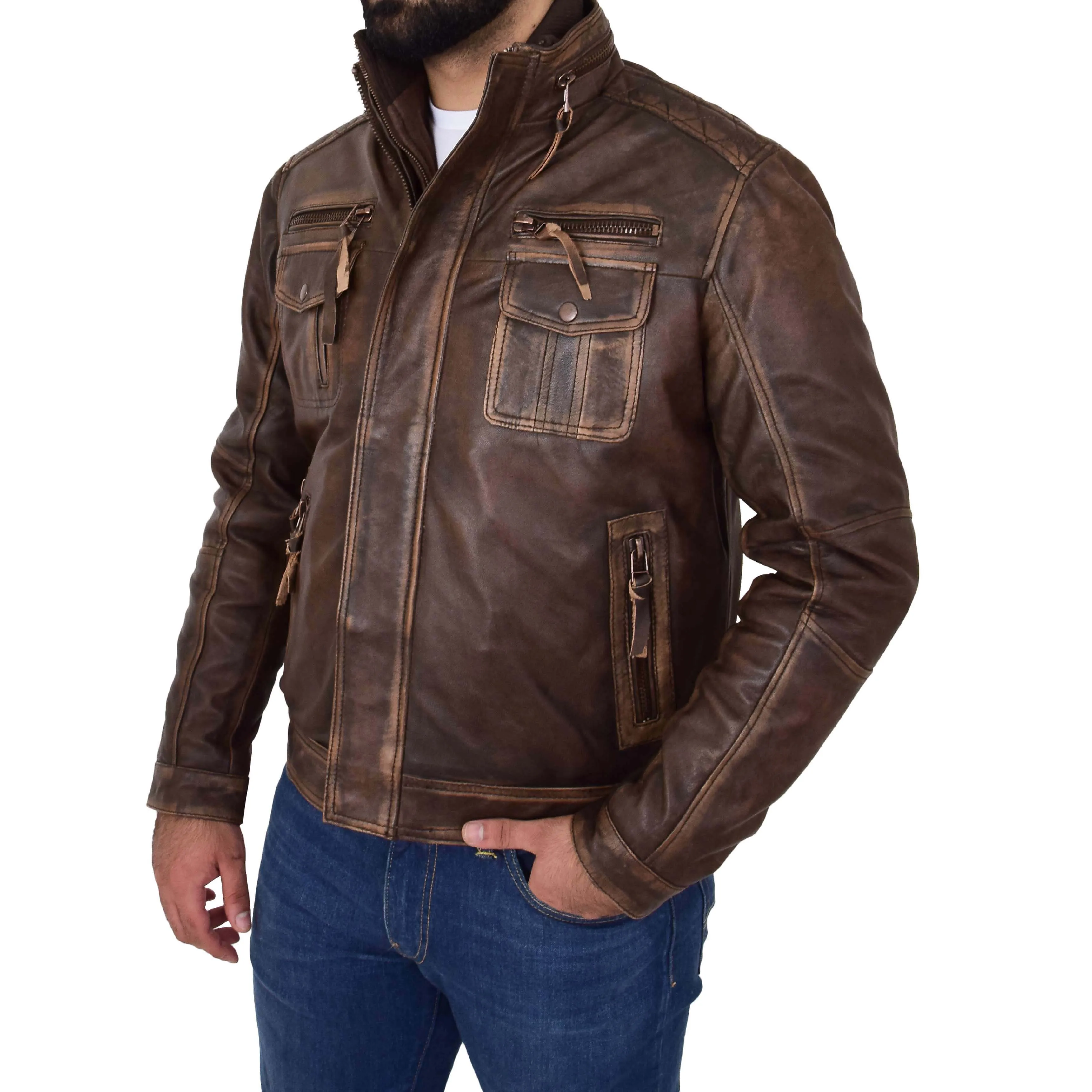 Mens Biker Leather Jacket Rugged Style Mario Rust