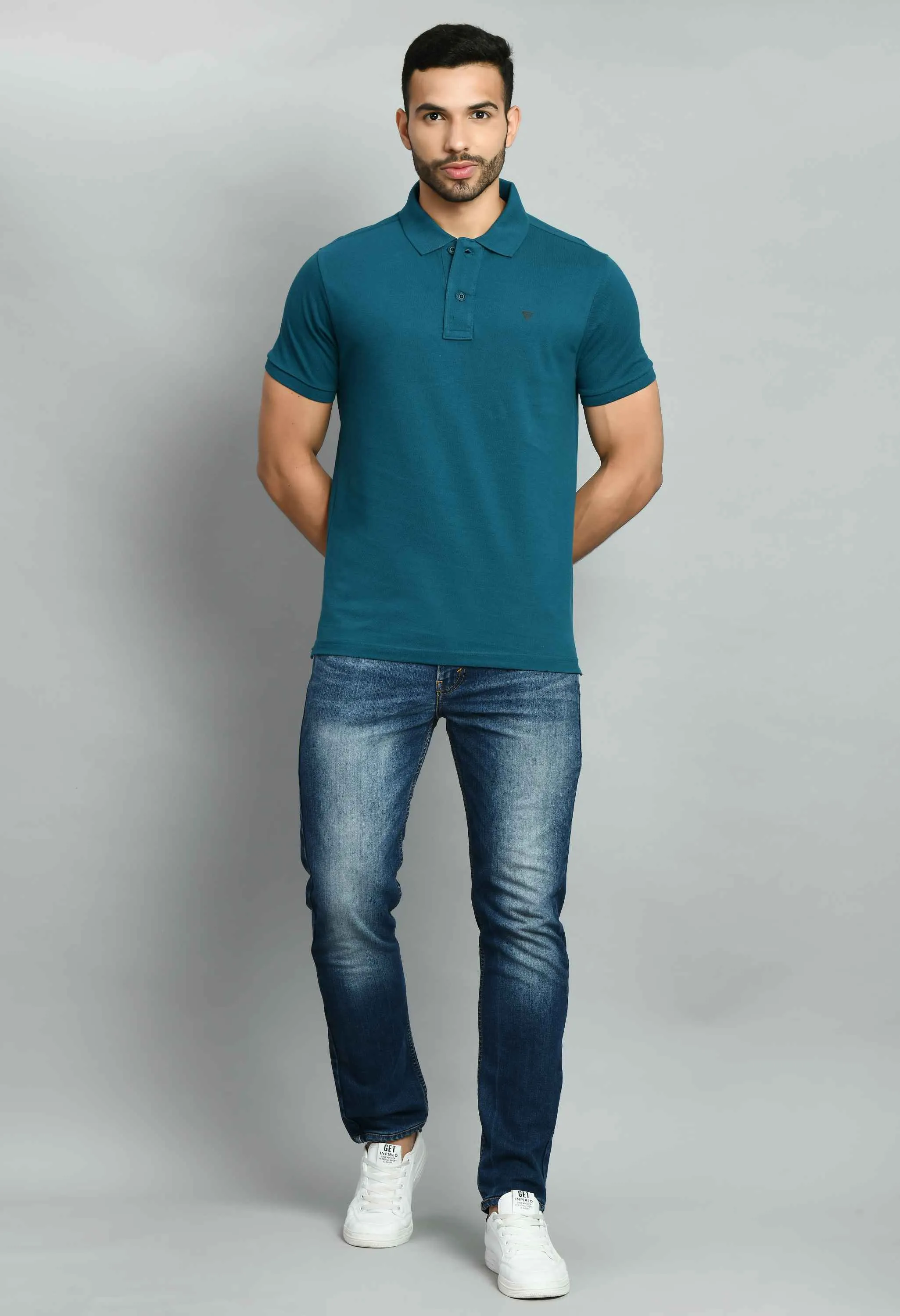 Men's Solid Tint Blue Polo Collar T-Shirt