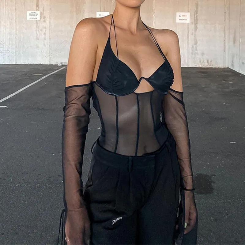 Mesh Top Women Long Sleeve T-Shirt New Year Off Shoulder Crop Top Solid Sexy Skinny Sheer Bandage Tees Streetwear Y2K Clothes