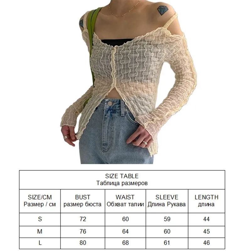 Mesh Top Women Long Sleeve T-Shirt New Year Off Shoulder Crop Top Solid Sexy Skinny Sheer Bandage Tees Streetwear Y2K Clothes