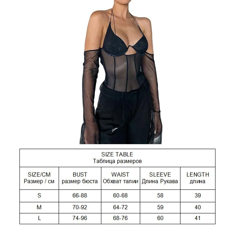 Mesh Top Women Long Sleeve T-Shirt New Year Off Shoulder Crop Top Solid Sexy Skinny Sheer Bandage Tees Streetwear Y2K Clothes