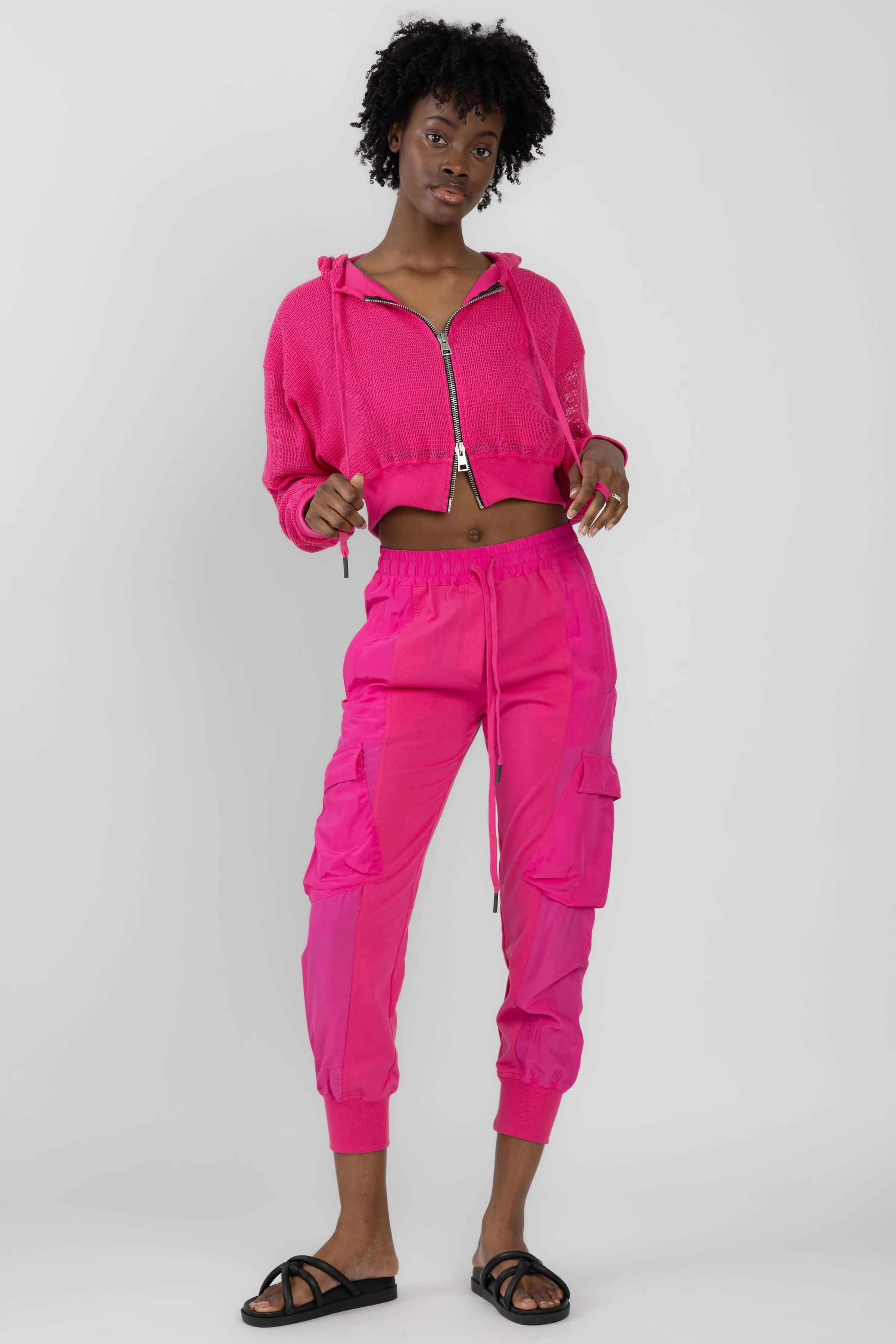 Mesh Zip Hoodie in Fucsia