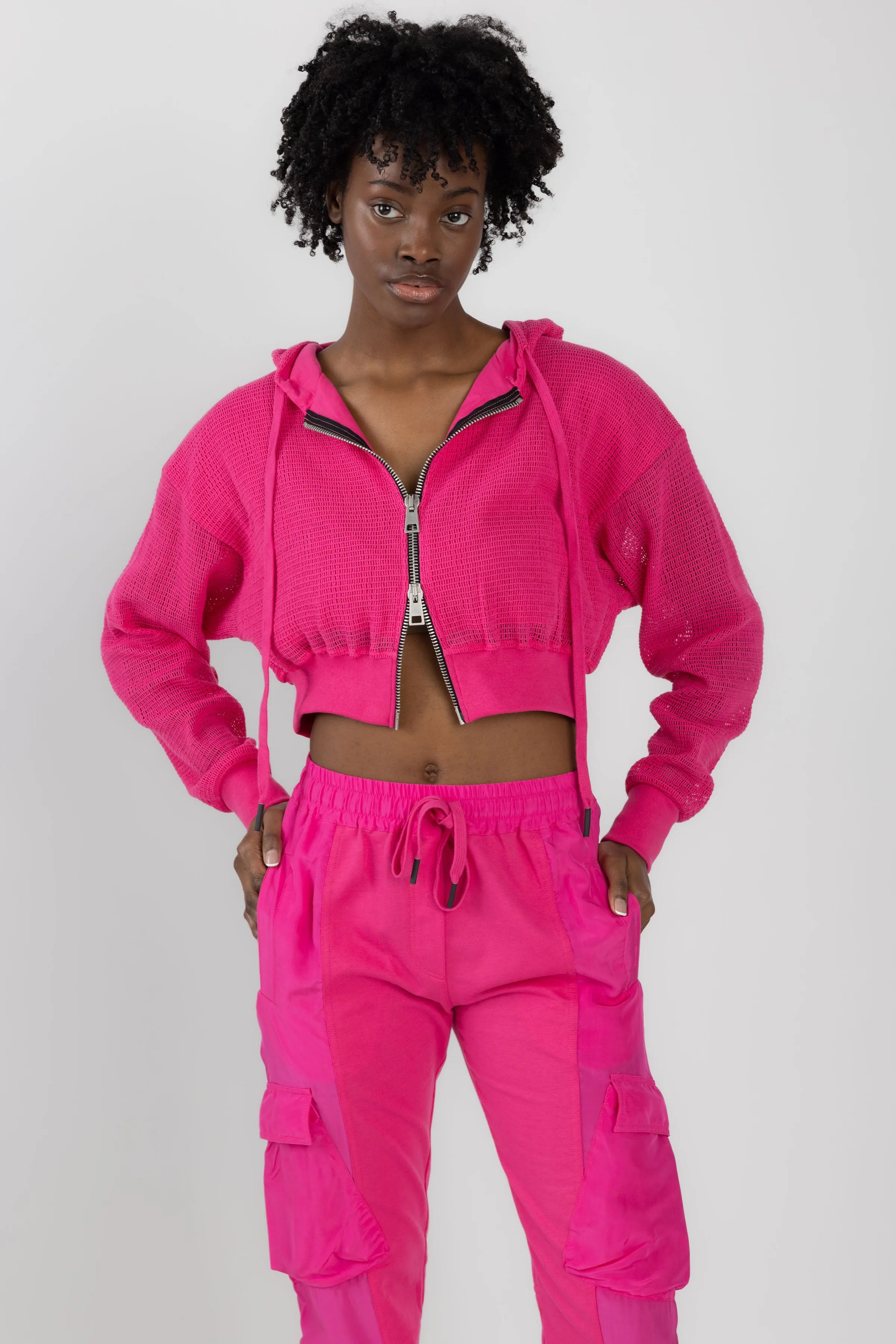 Mesh Zip Hoodie in Fucsia