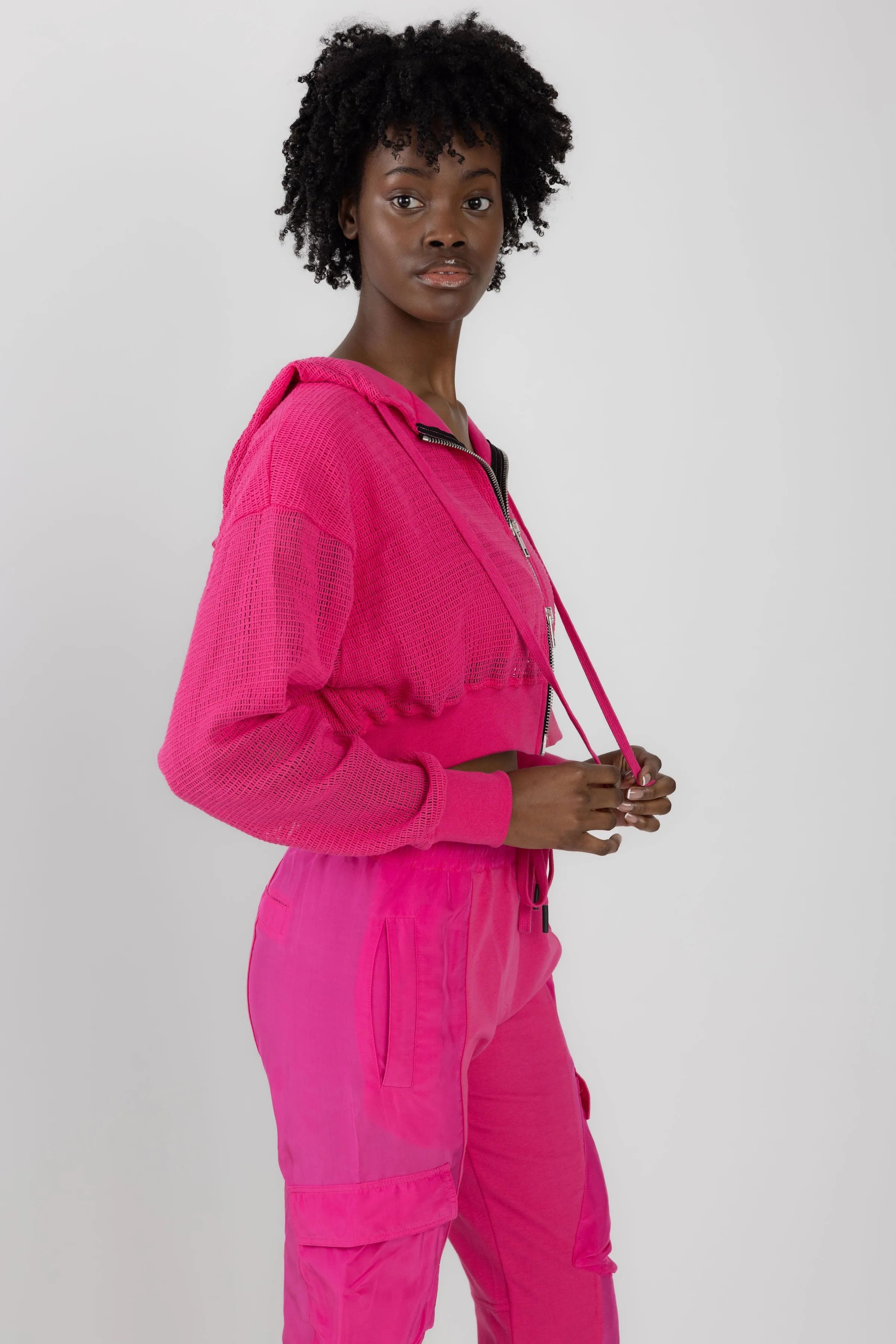 Mesh Zip Hoodie in Fucsia