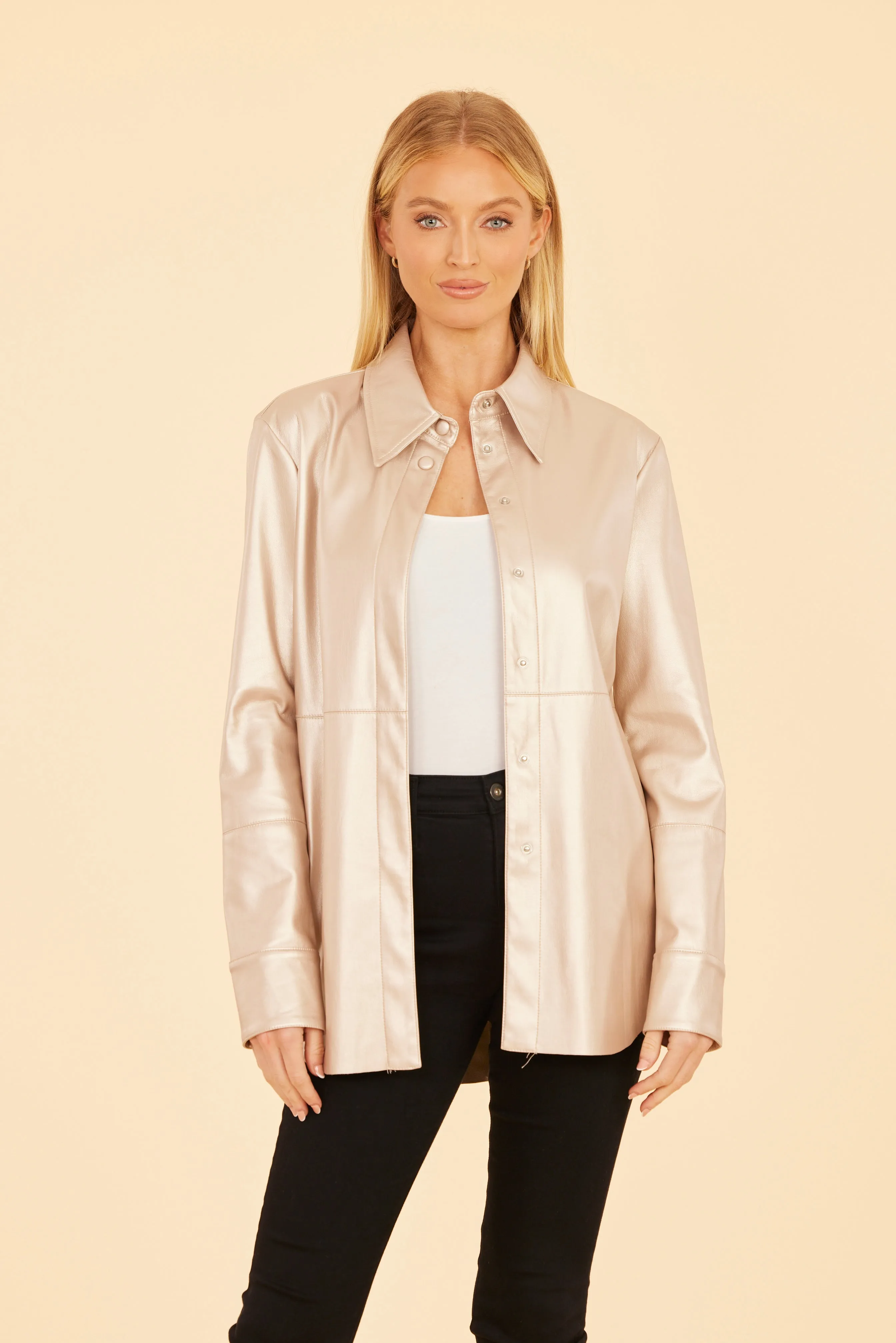 Metallic Faux Leather Button-Up Shirt