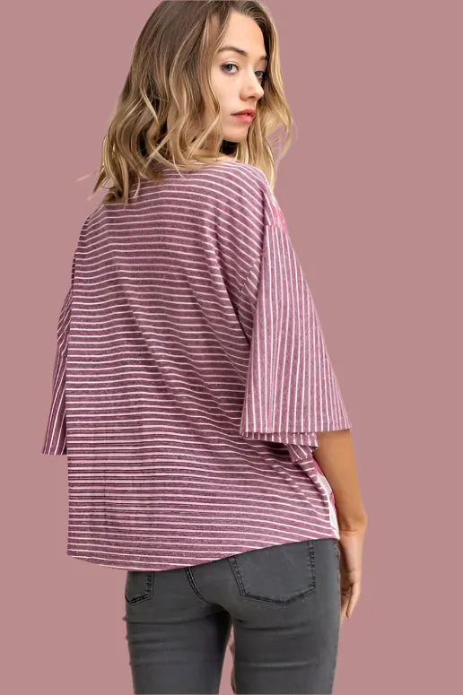 Mittoshop Front Tie Striped Top - Burgundy