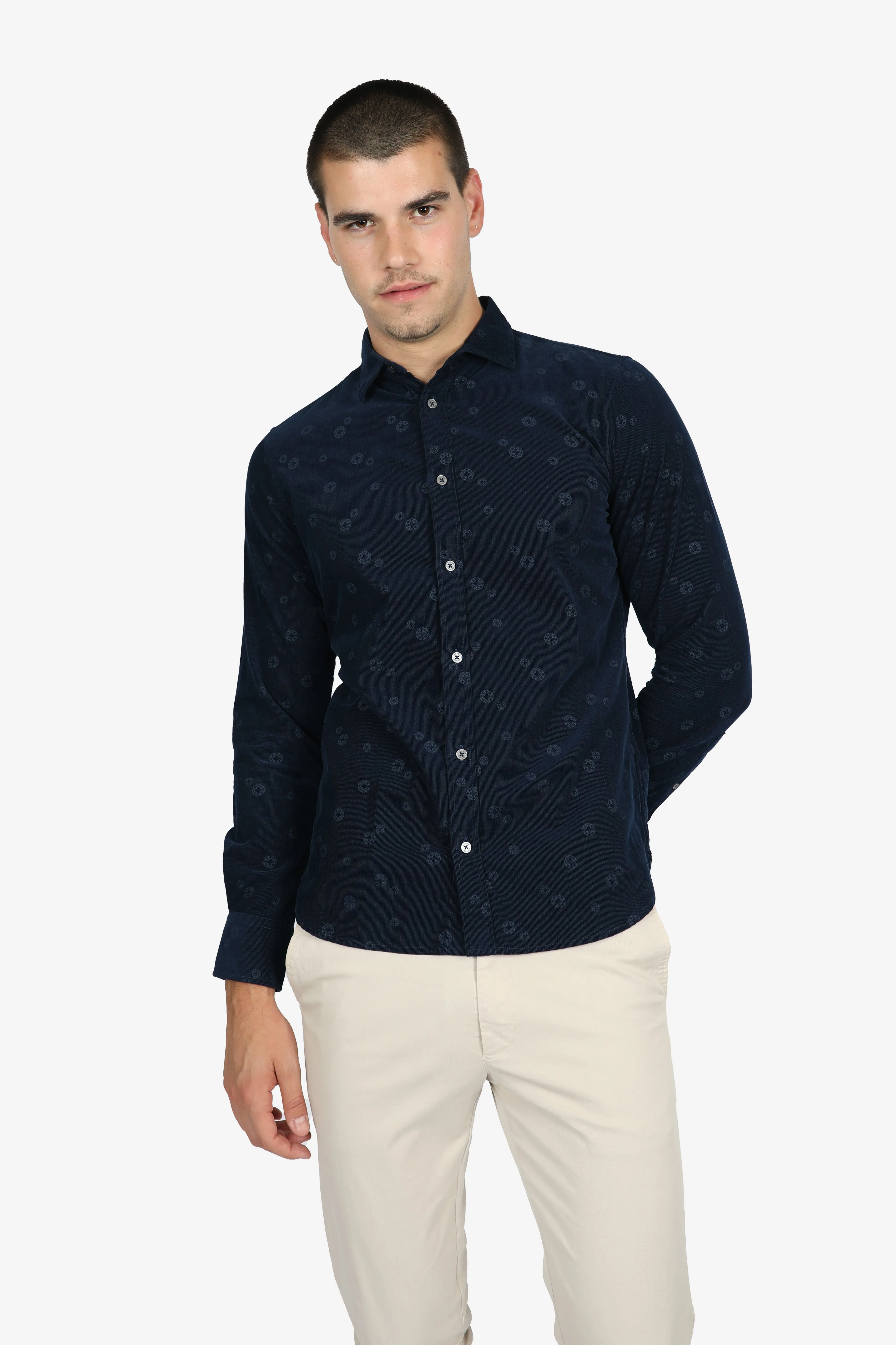 Navy Printed Cotton Corduroy Shirt