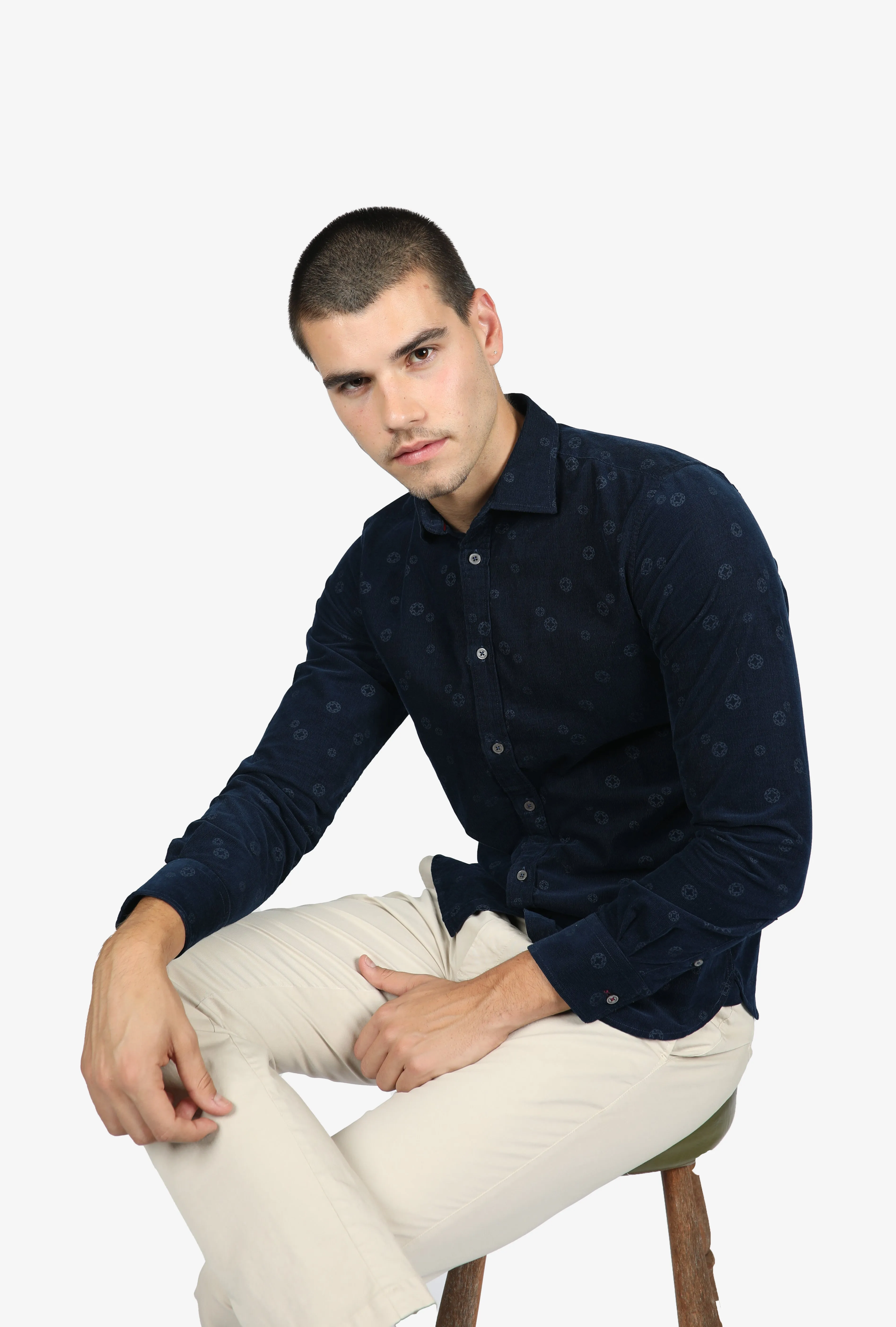 Navy Printed Cotton Corduroy Shirt