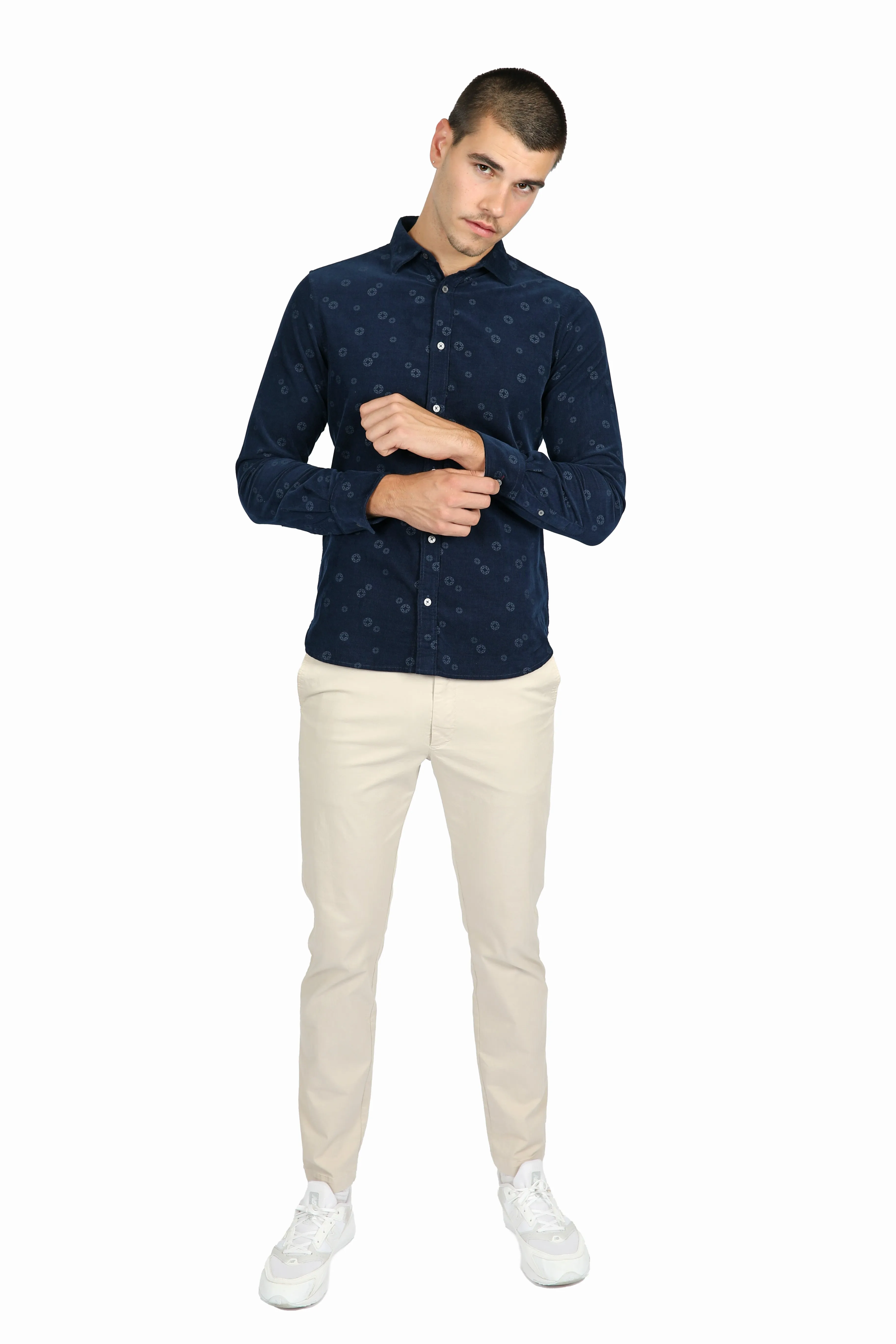 Navy Printed Cotton Corduroy Shirt