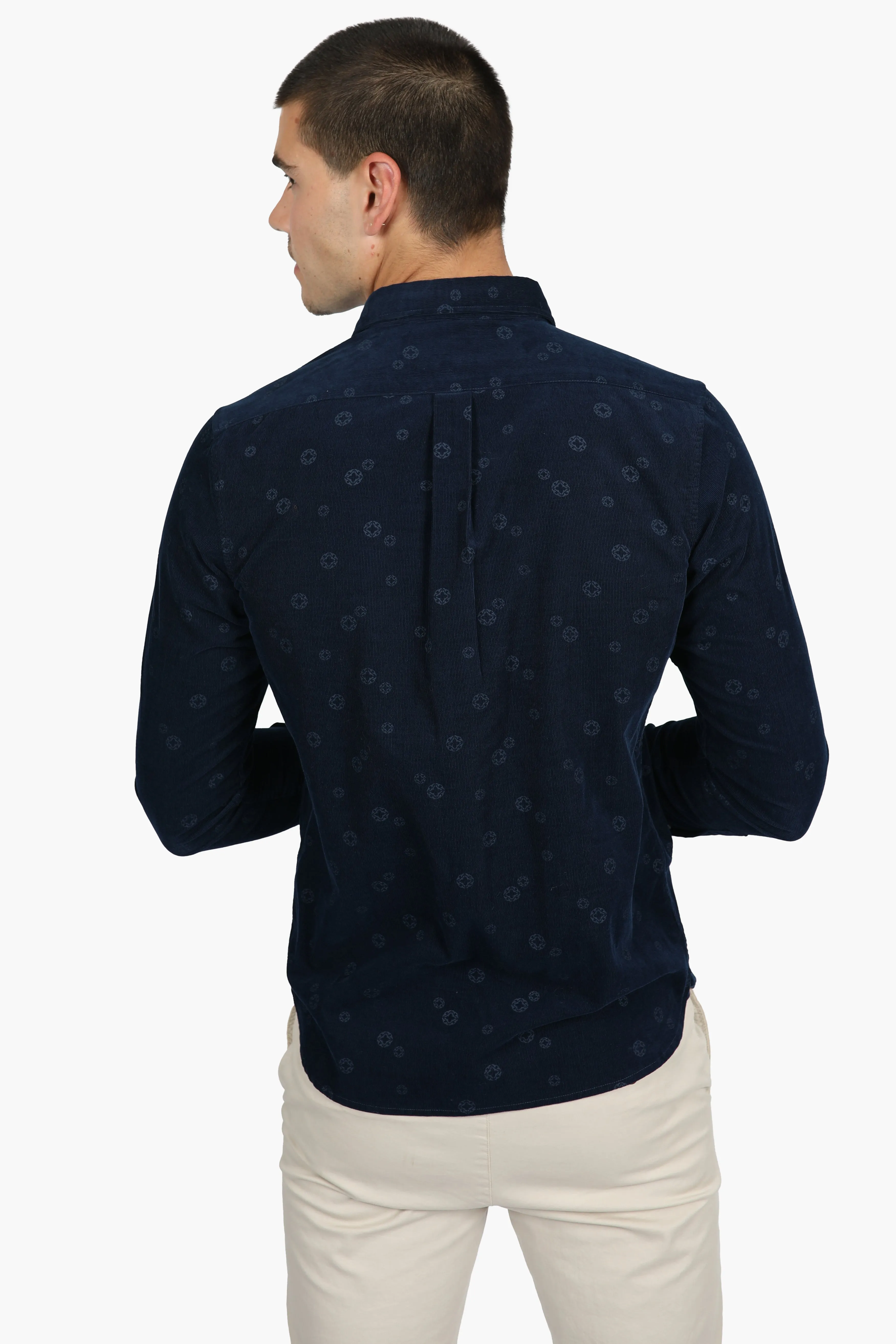 Navy Printed Cotton Corduroy Shirt