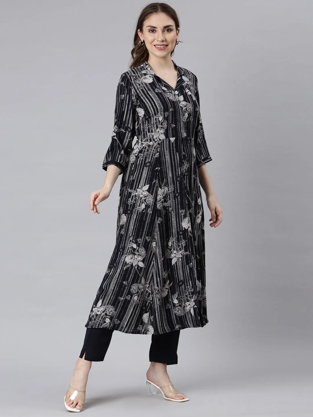 Neerus Black Panelled Straight Floral Kurta And Trousers