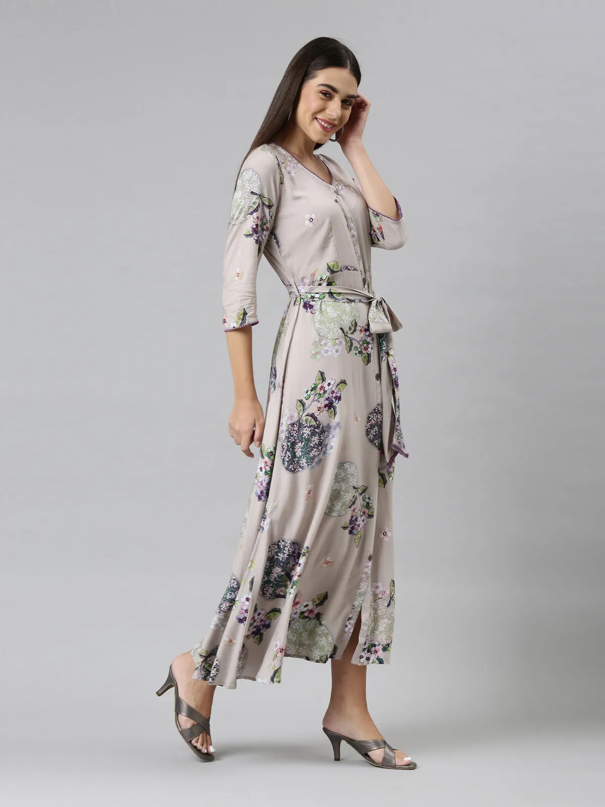 Neerus Women Grey Floral Ethnic Maxi Dress