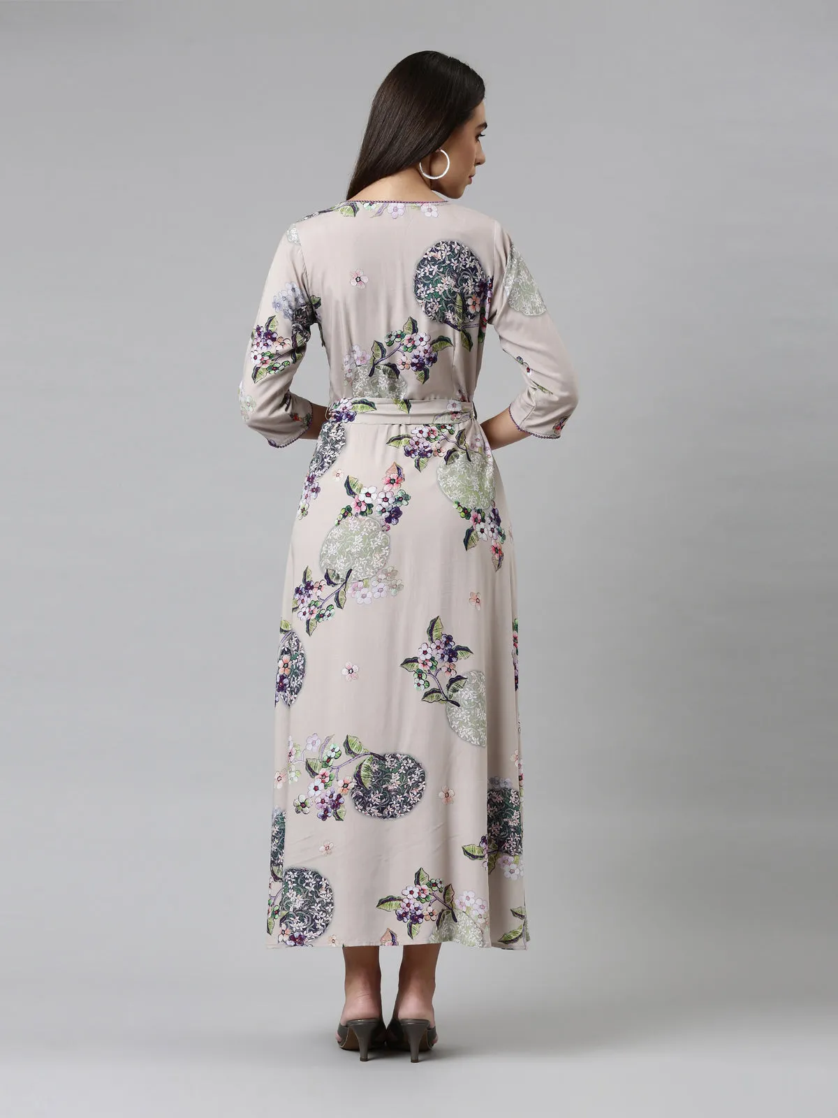 Neerus Women Grey Floral Ethnic Maxi Dress