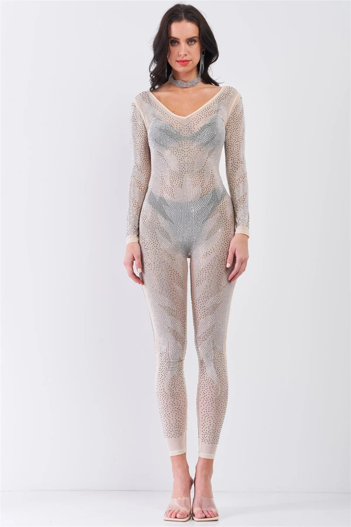 Nude Rhinestone Sheer Long Sleeve Bodycon Jumpsuit