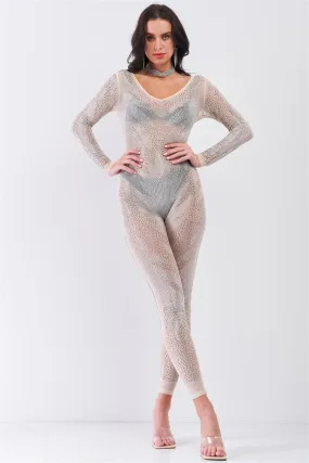 Nude Rhinestone Sheer Long Sleeve Bodycon Jumpsuit