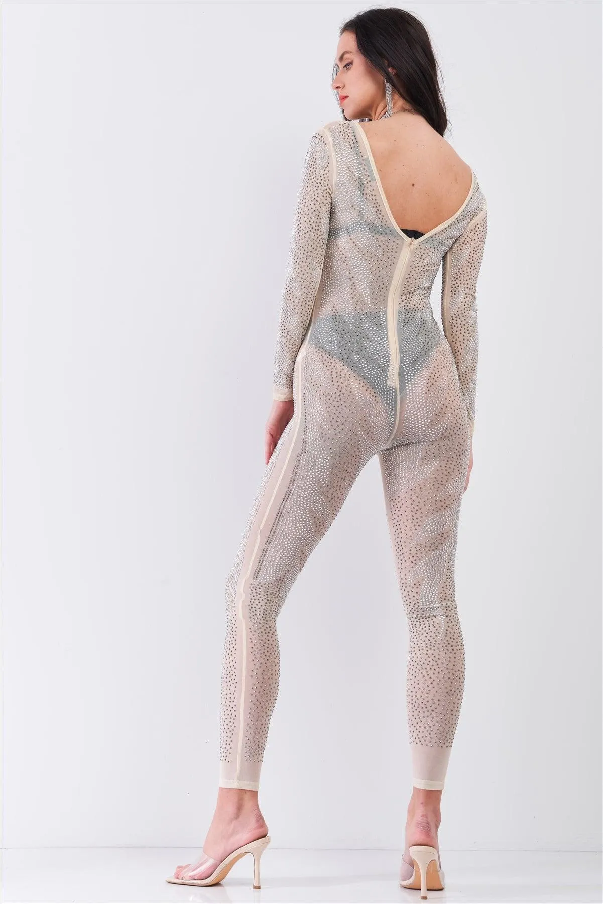 Nude Rhinestone Sheer Long Sleeve Bodycon Jumpsuit