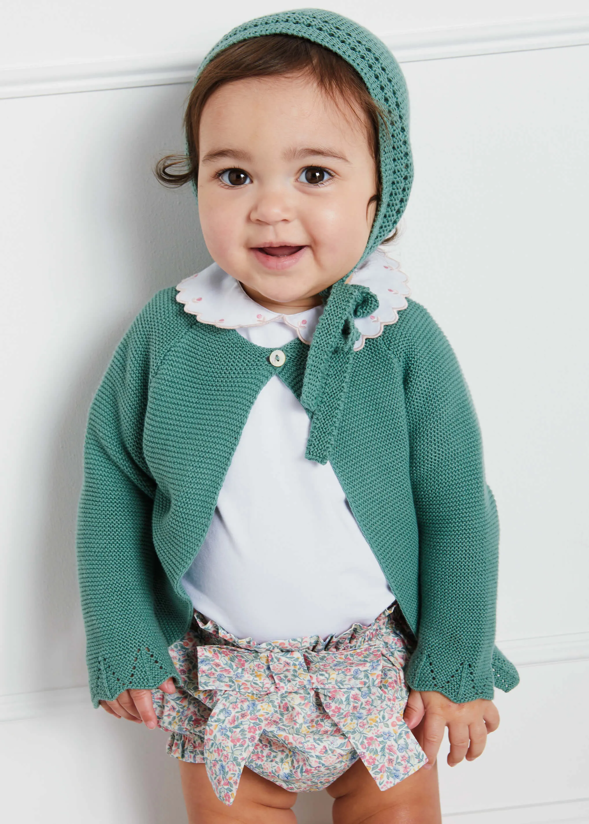 Openwork Hem Single Button Cardigan in Green (6mths-10yrs)