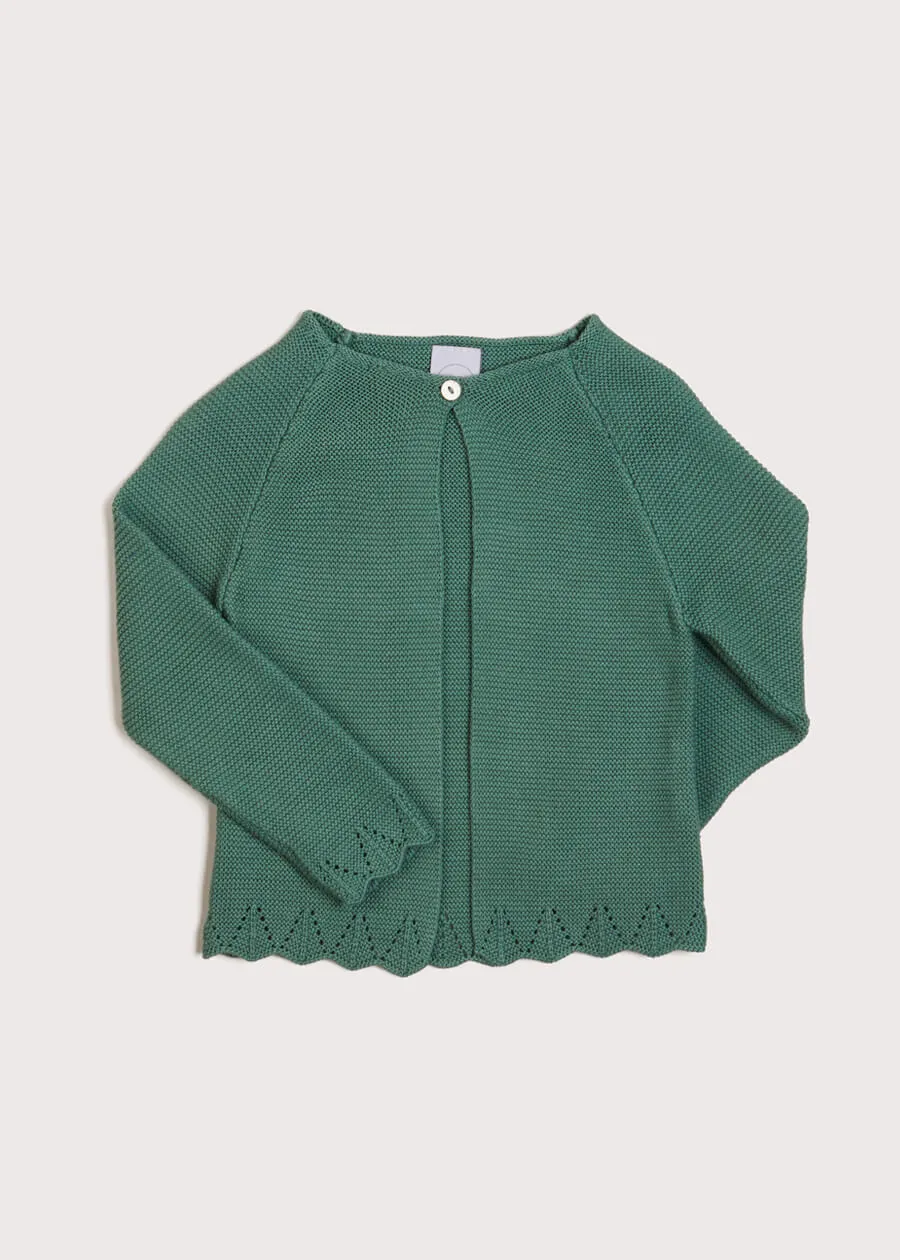 Openwork Hem Single Button Cardigan in Green (6mths-10yrs)