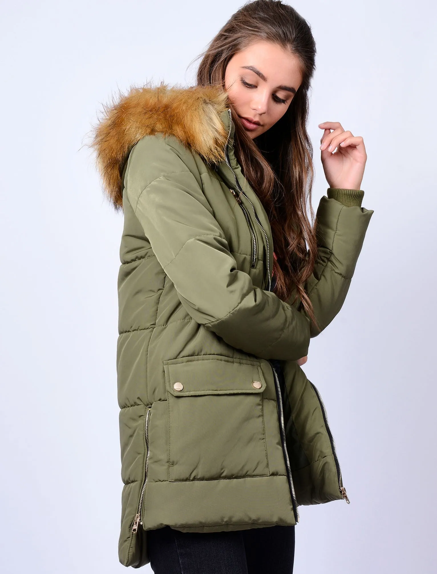 Oqena Quilted Parka Coat with Detachable Fur Trim Hood in Khaki - Tokyo Laundry