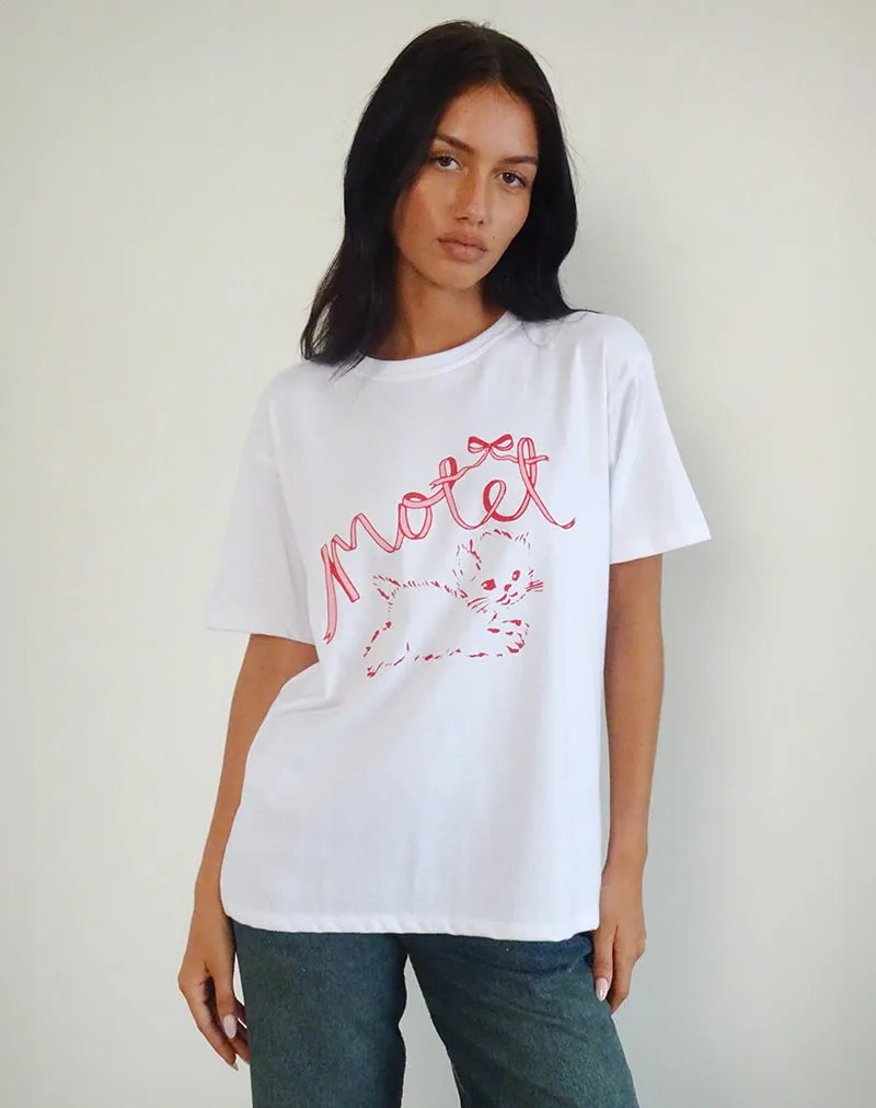 Oversized Basic Tee in White with Kitty