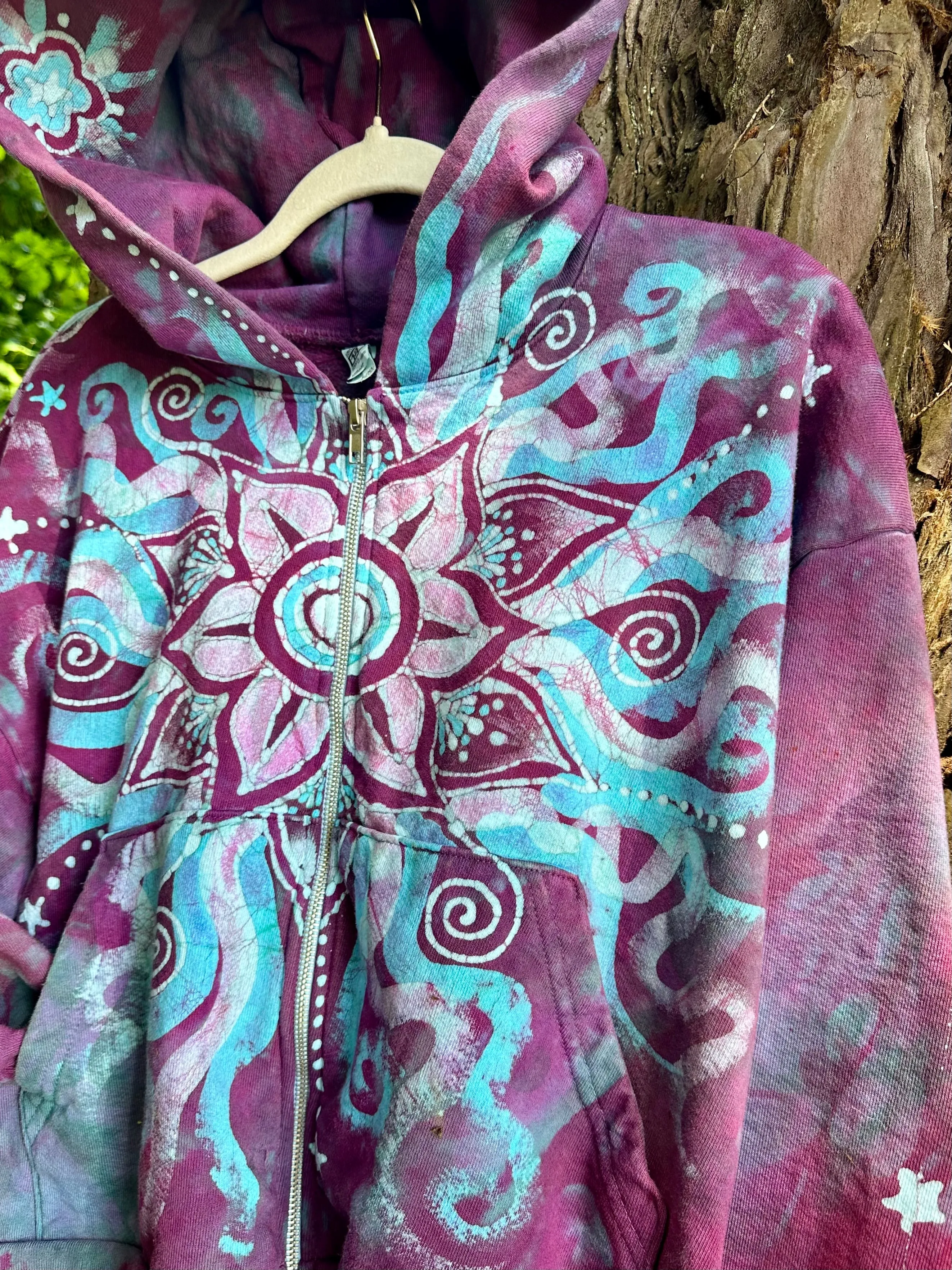 Pacific Bliss Lotus Flower Handmade Batik Hoodie - Turquoise Waves