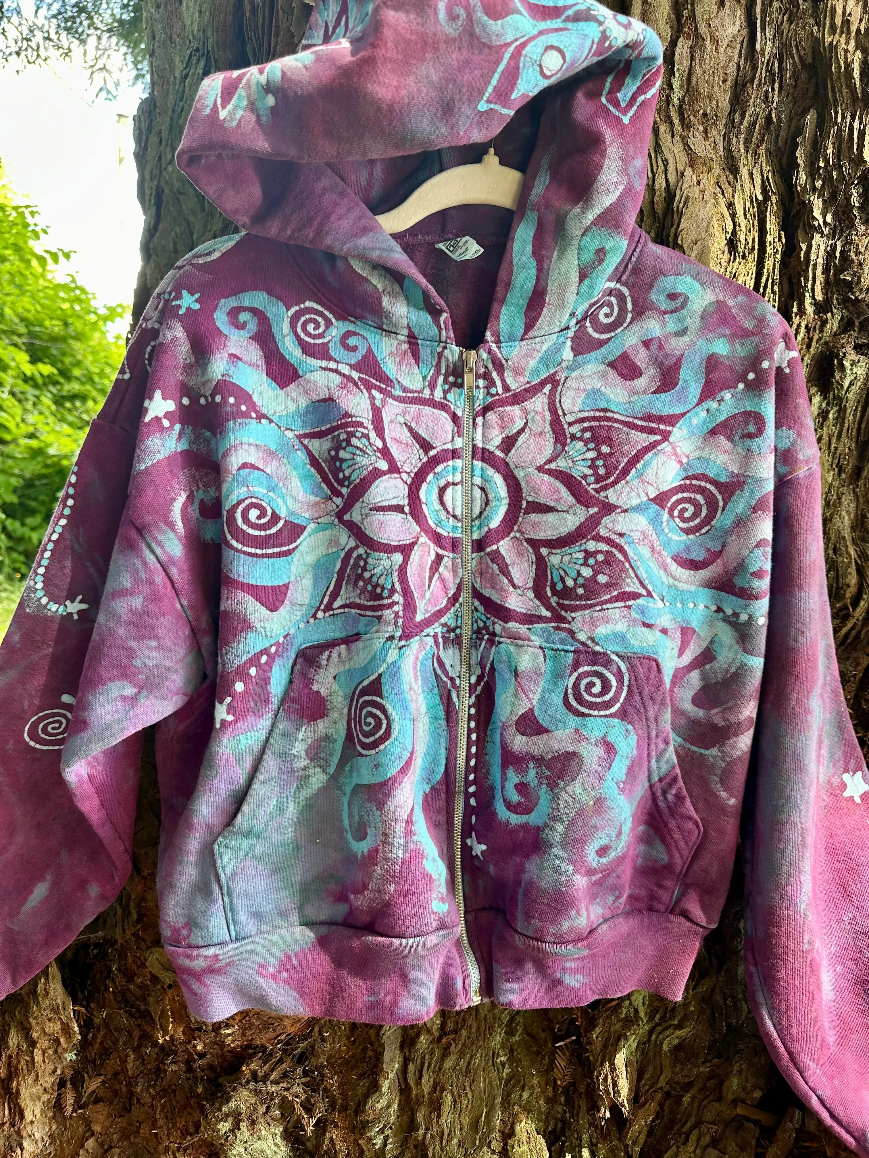 Pacific Bliss Lotus Flower Handmade Batik Hoodie - Turquoise Waves