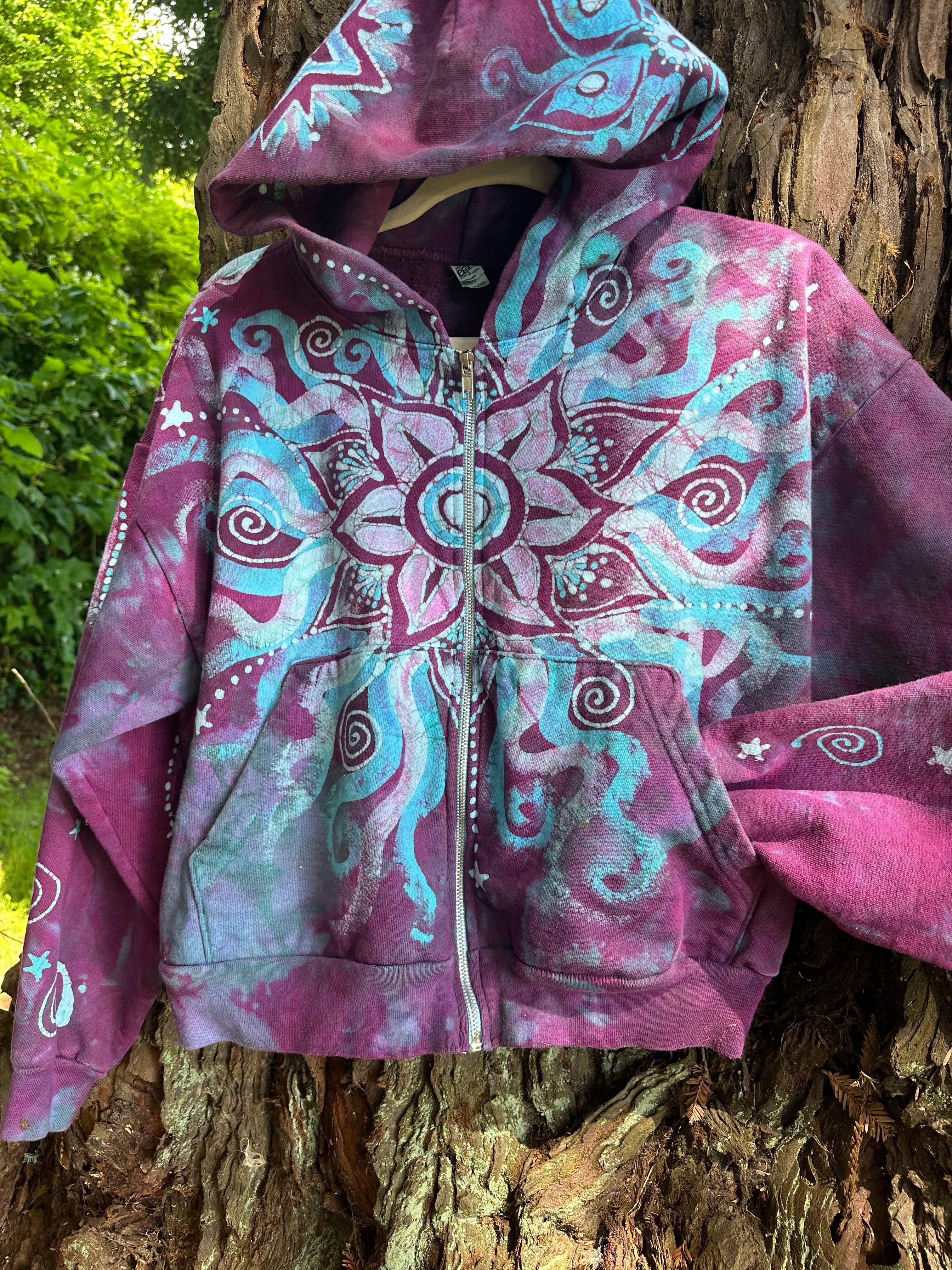 Pacific Bliss Lotus Flower Handmade Batik Hoodie - Turquoise Waves