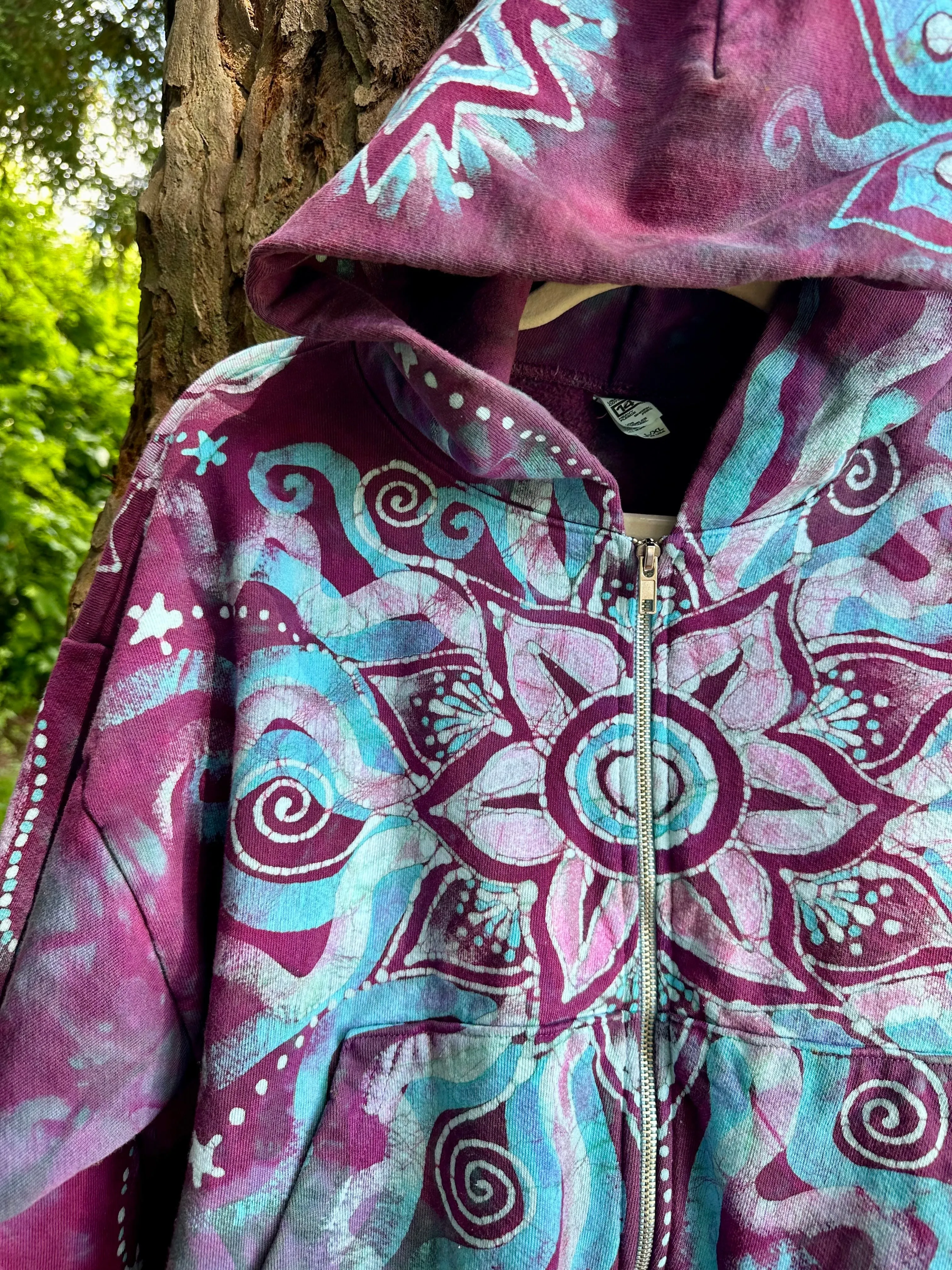 Pacific Bliss Lotus Flower Handmade Batik Hoodie - Turquoise Waves