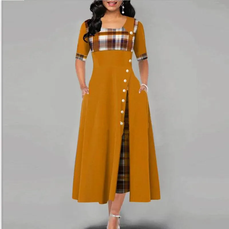 Plaid Print Maxi Dress: Vintage Button Detail & Flare Silhouette