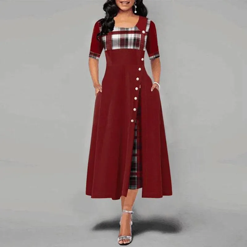 Plaid Print Maxi Dress: Vintage Button Detail & Flare Silhouette