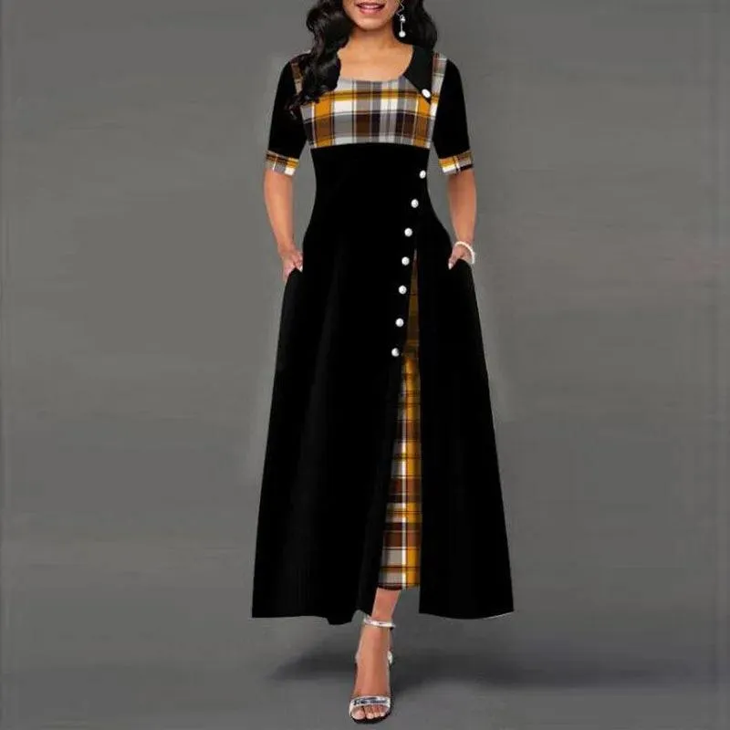 Plaid Print Maxi Dress: Vintage Button Detail & Flare Silhouette