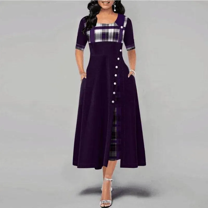 Plaid Print Maxi Dress: Vintage Button Detail & Flare Silhouette