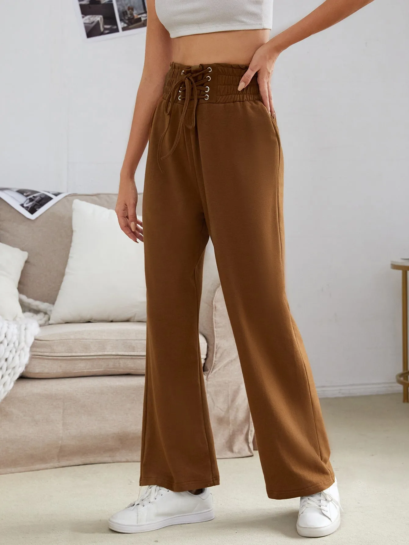 Plain Lace Up High Waist Long Women Sweatpants