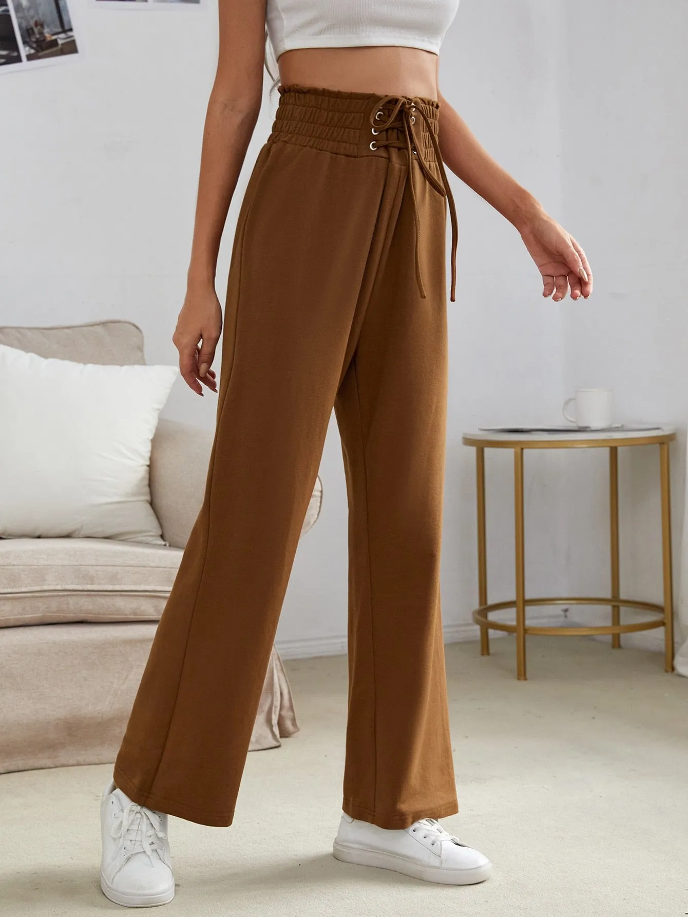 Plain Lace Up High Waist Long Women Sweatpants