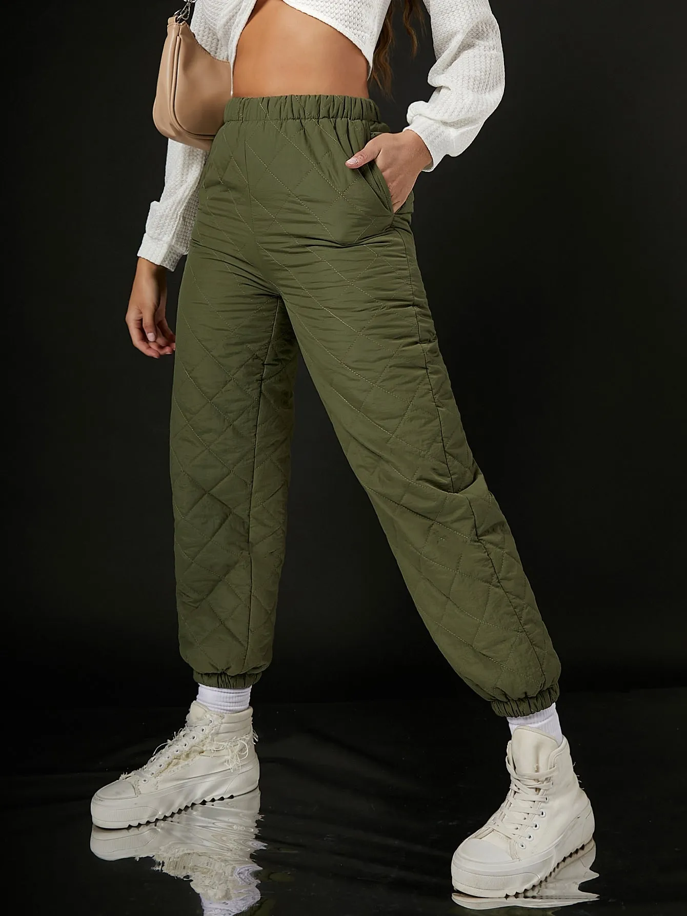 Plain Pocket High Waist Cropped Women Sweatpants