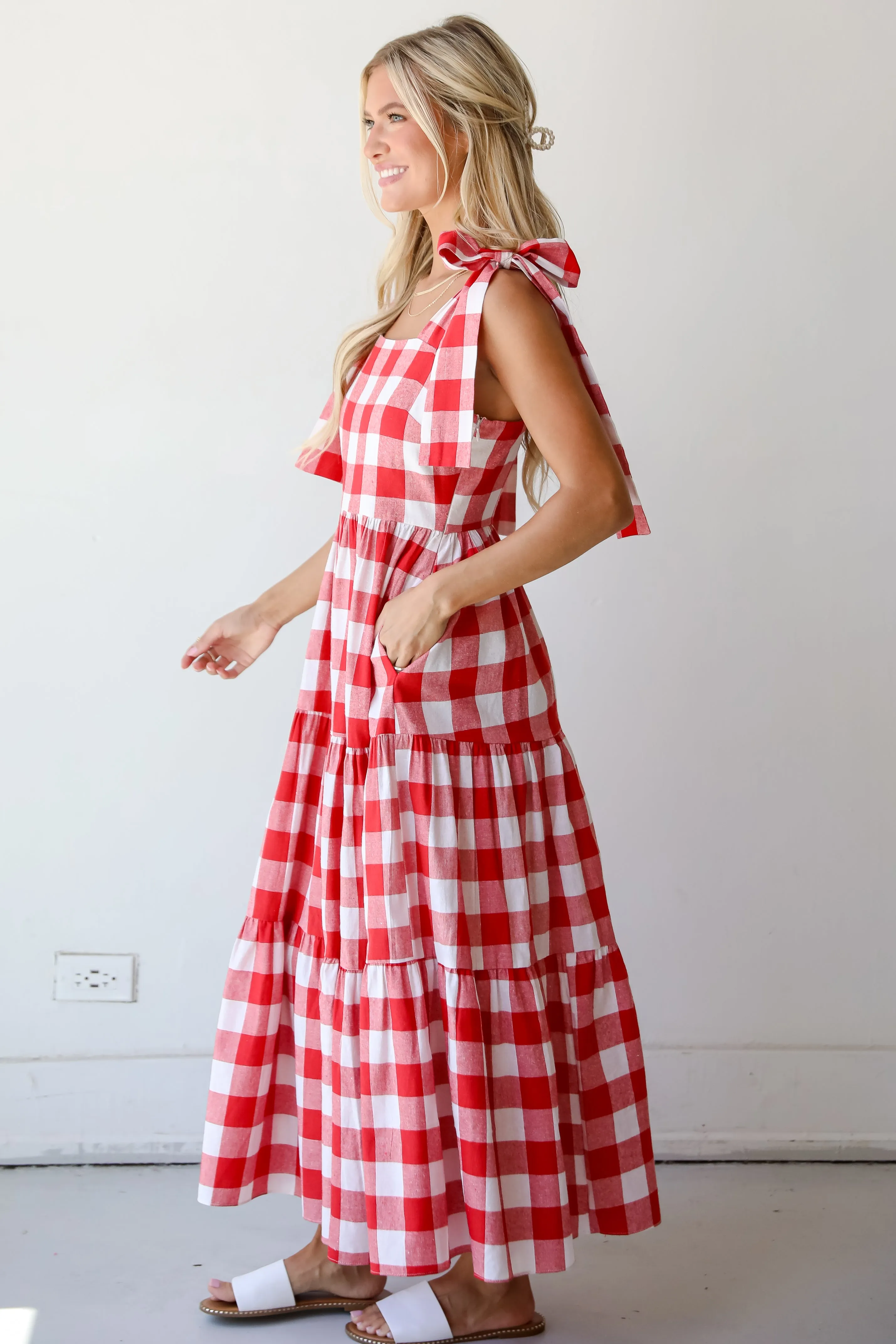 Pretty Picnic Red Gingham Tiered Maxi Dress