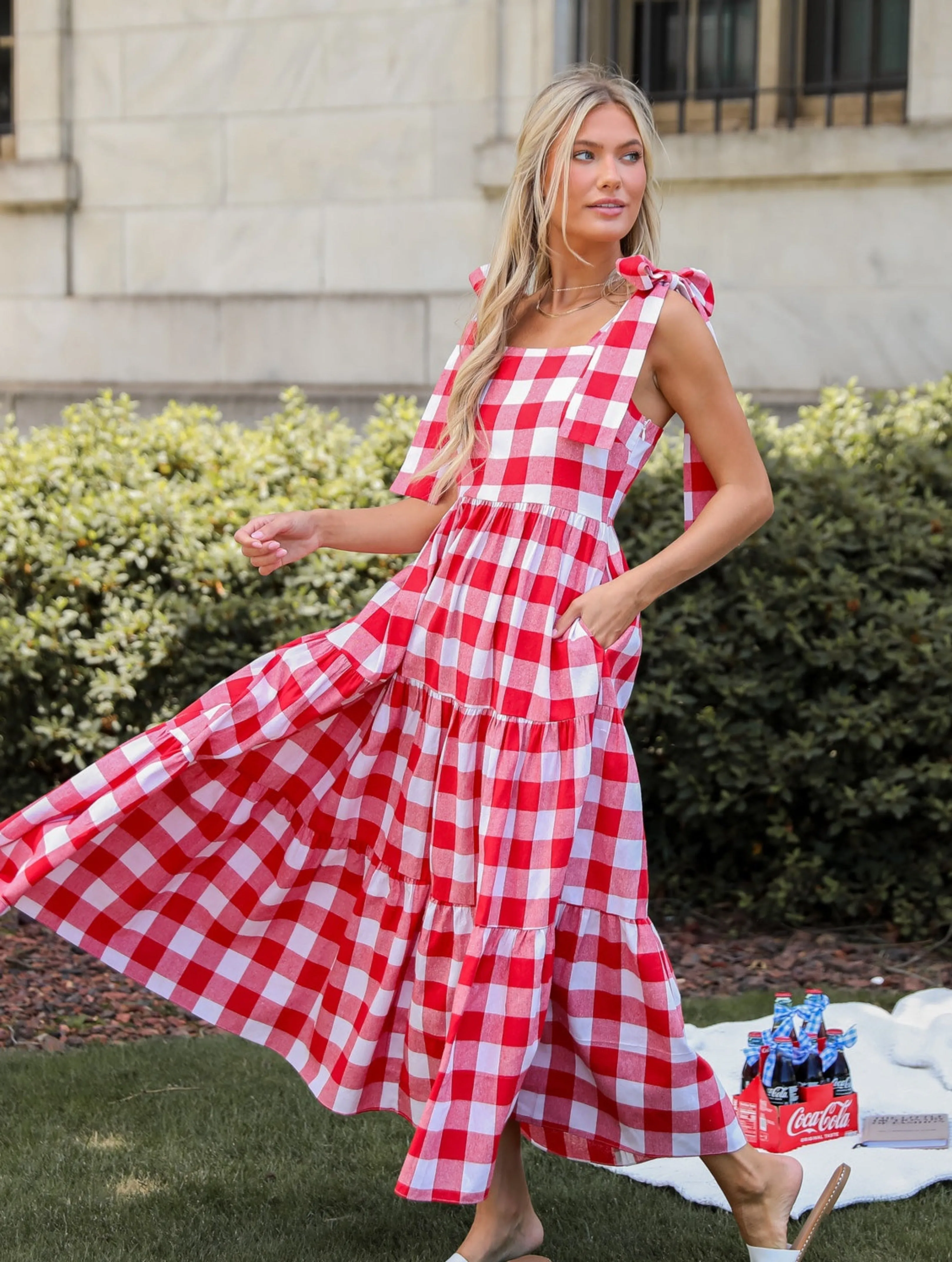 Pretty Picnic Red Gingham Tiered Maxi Dress