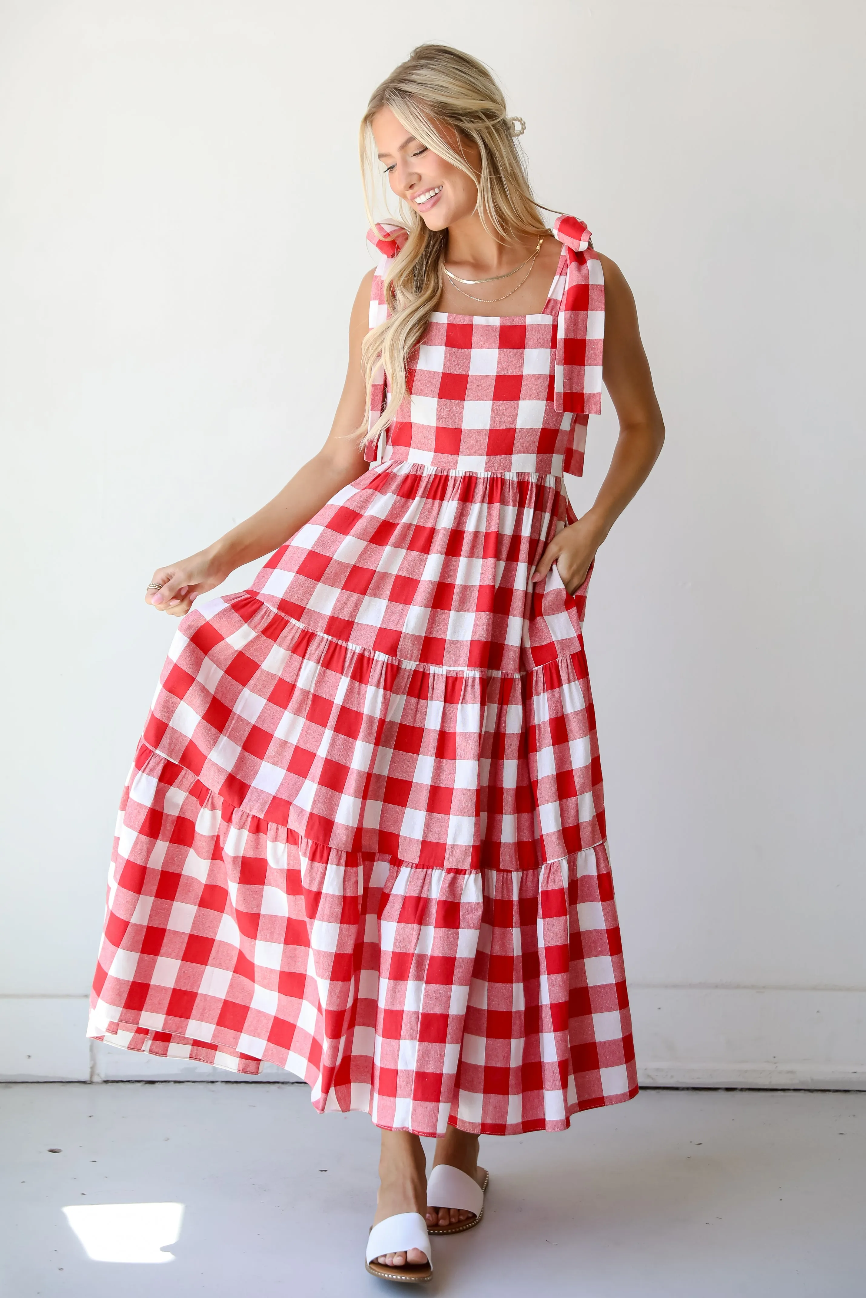 Pretty Picnic Red Gingham Tiered Maxi Dress