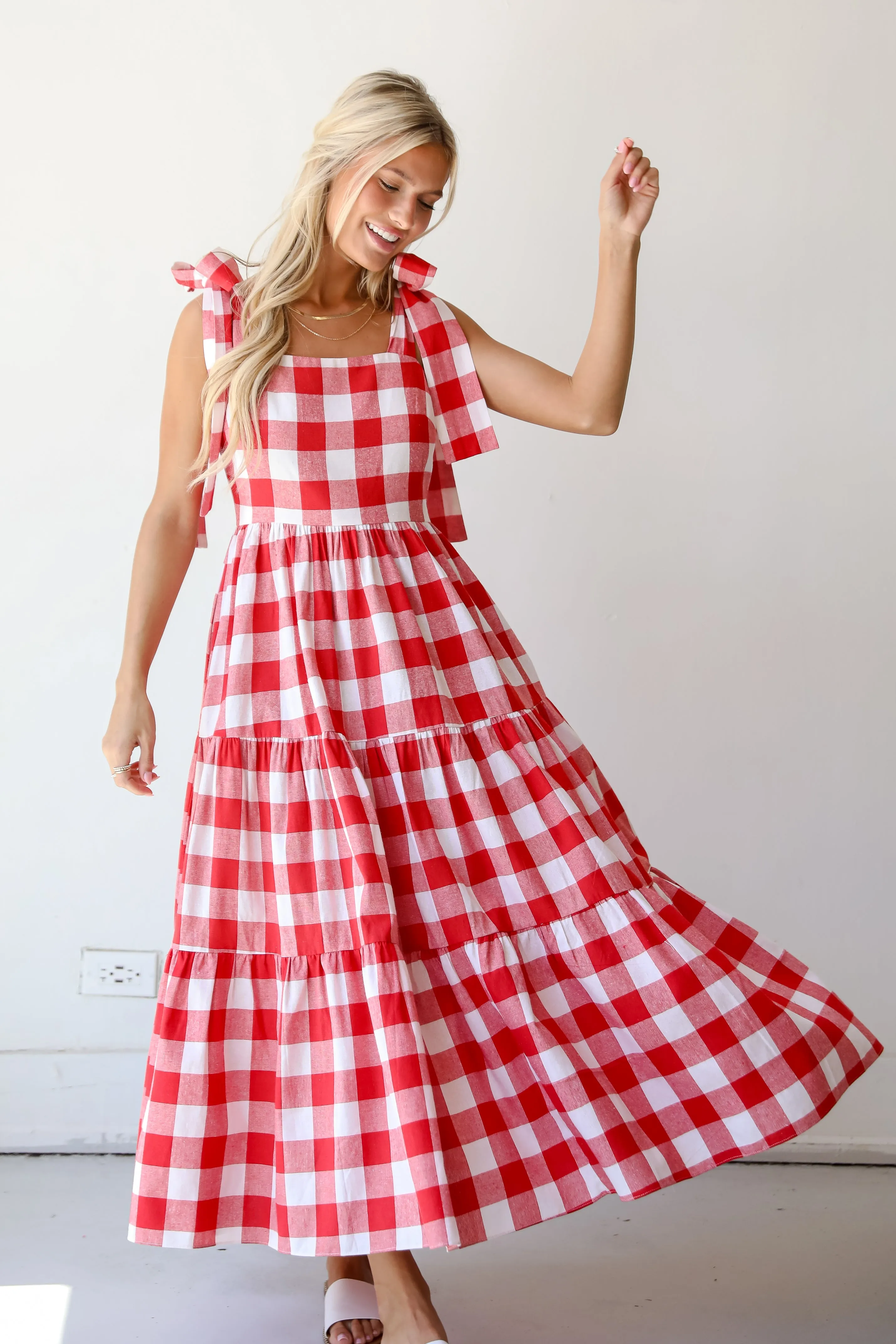 Pretty Picnic Red Gingham Tiered Maxi Dress