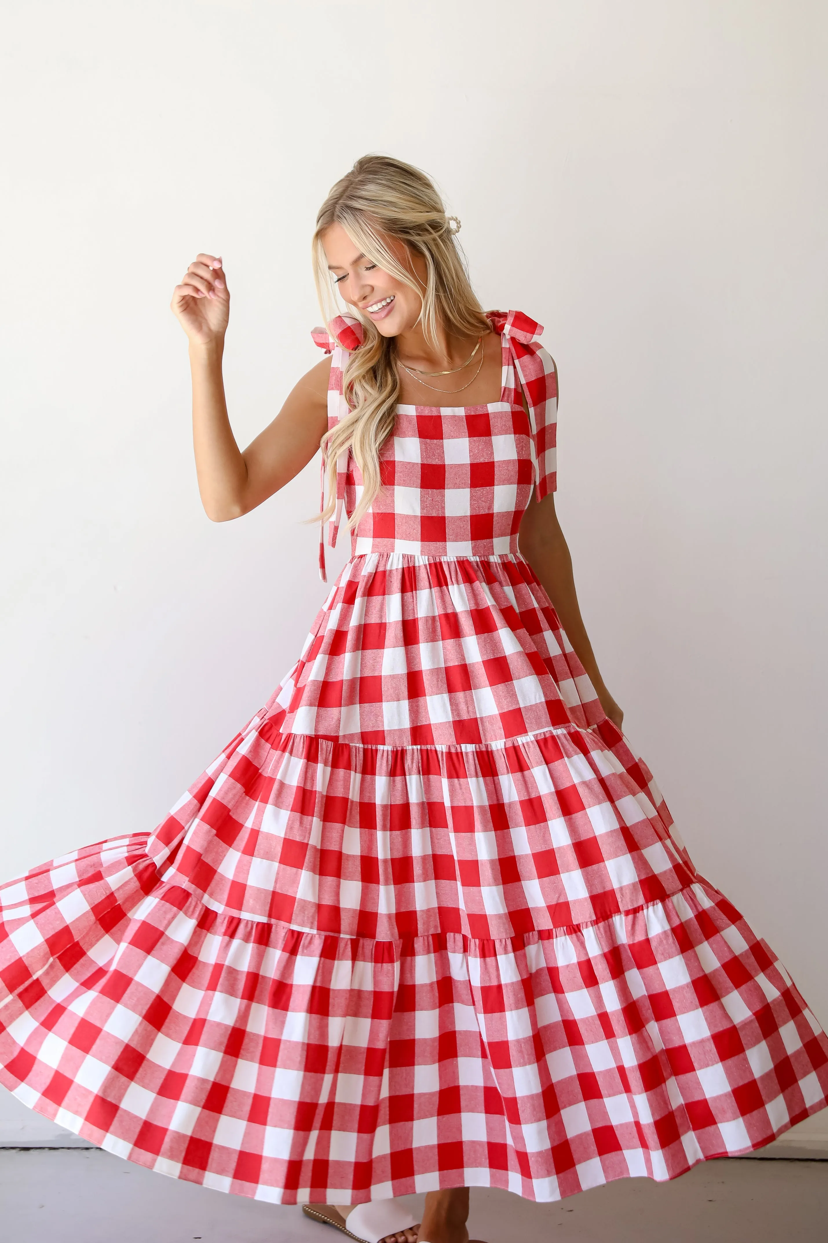 Pretty Picnic Red Gingham Tiered Maxi Dress