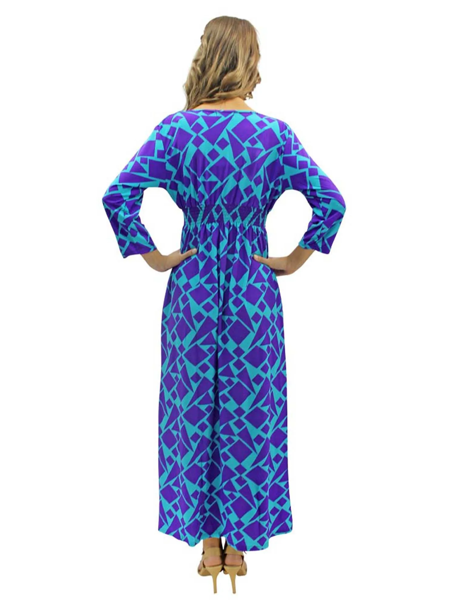 Purple & Blue Patterned Empire Waist Long Sleeve Maxi Dress Size Small