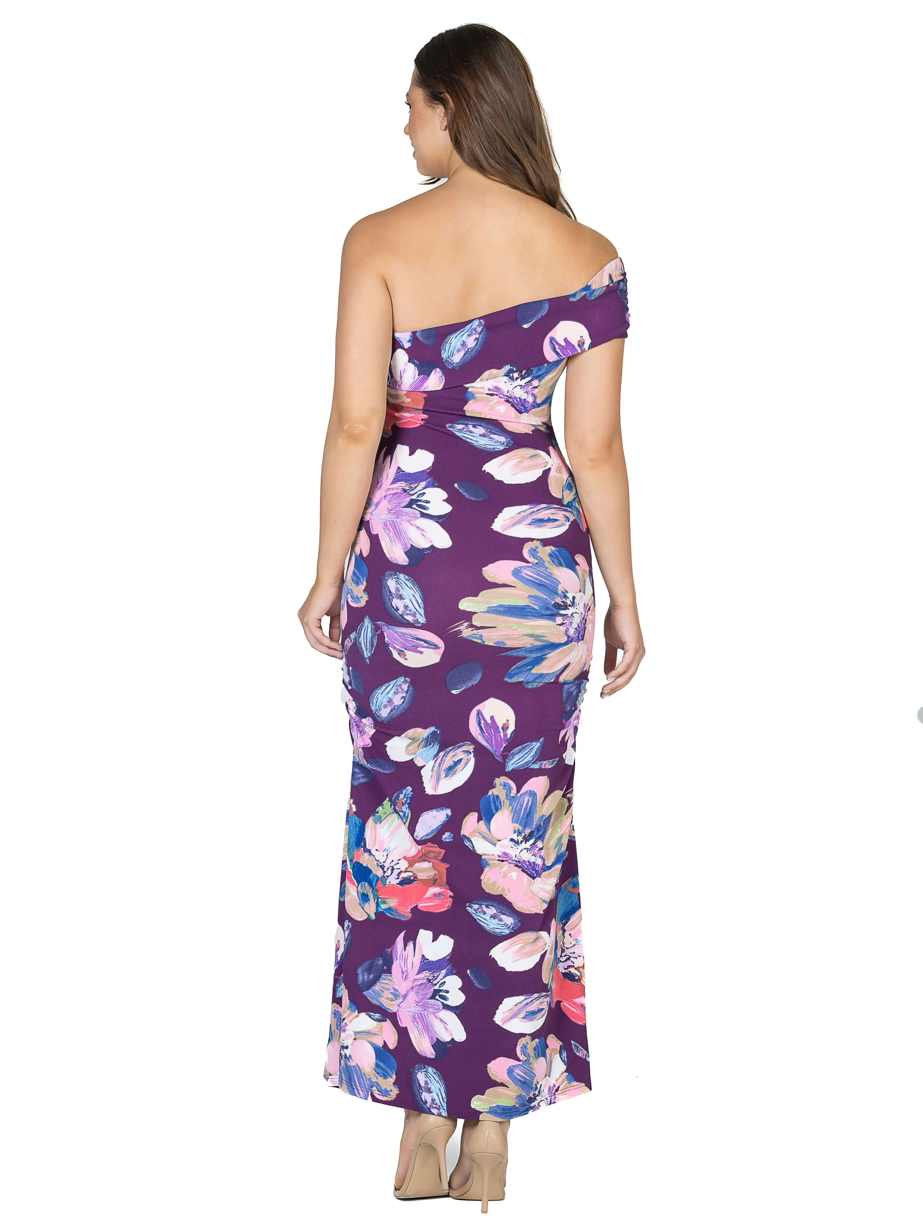 Purple Floral One Shoulder Rouched Mermaid Maxi Dress