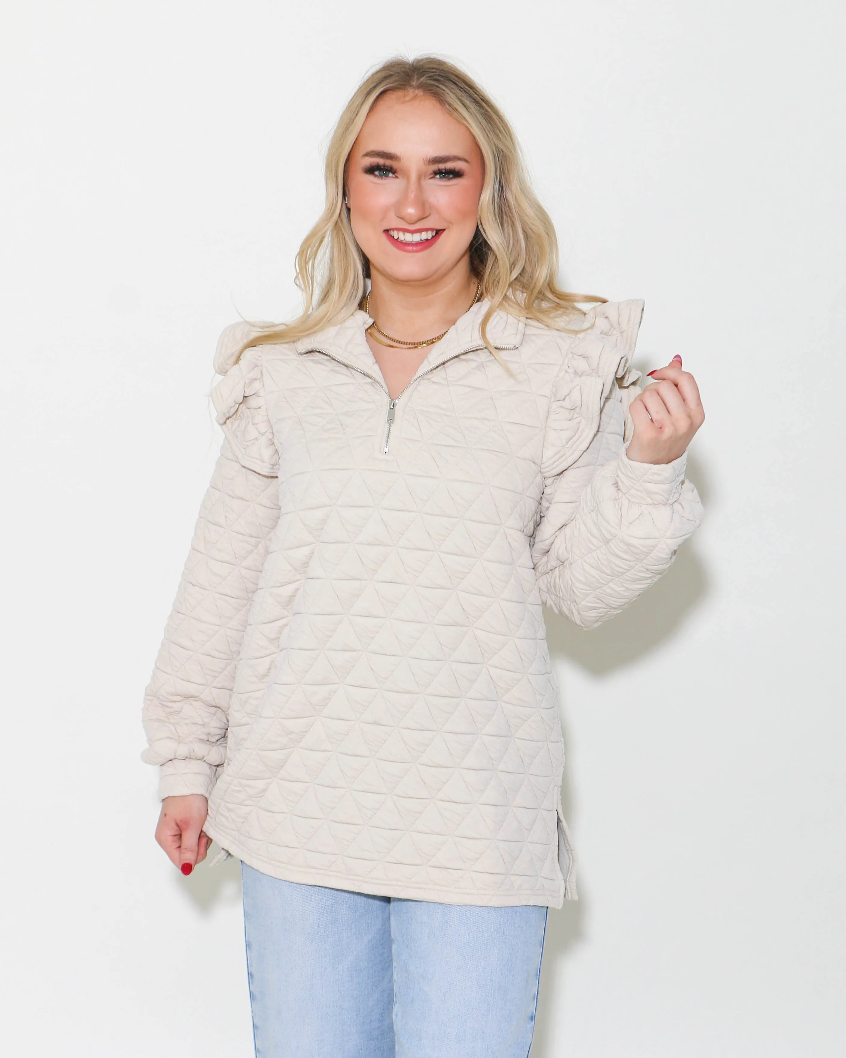 Quilted Half-Zip Pullover Top in Cream