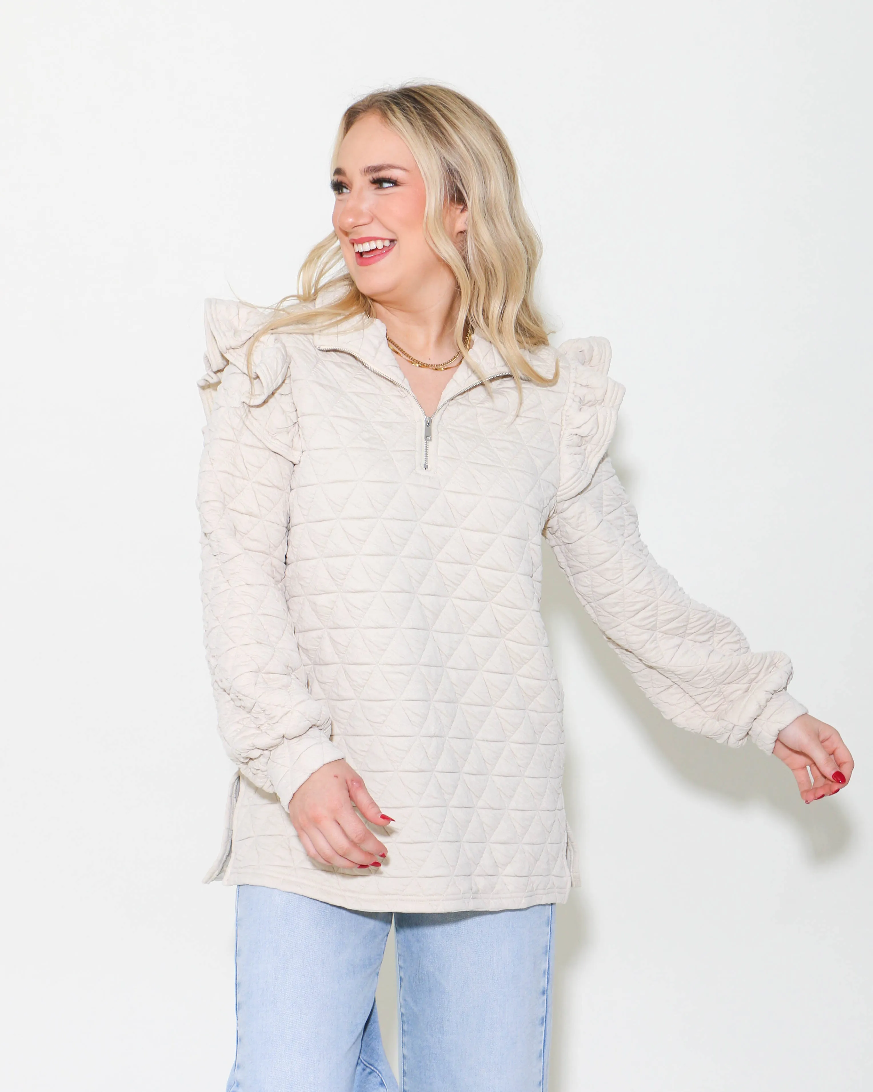 Quilted Half-Zip Pullover Top in Cream