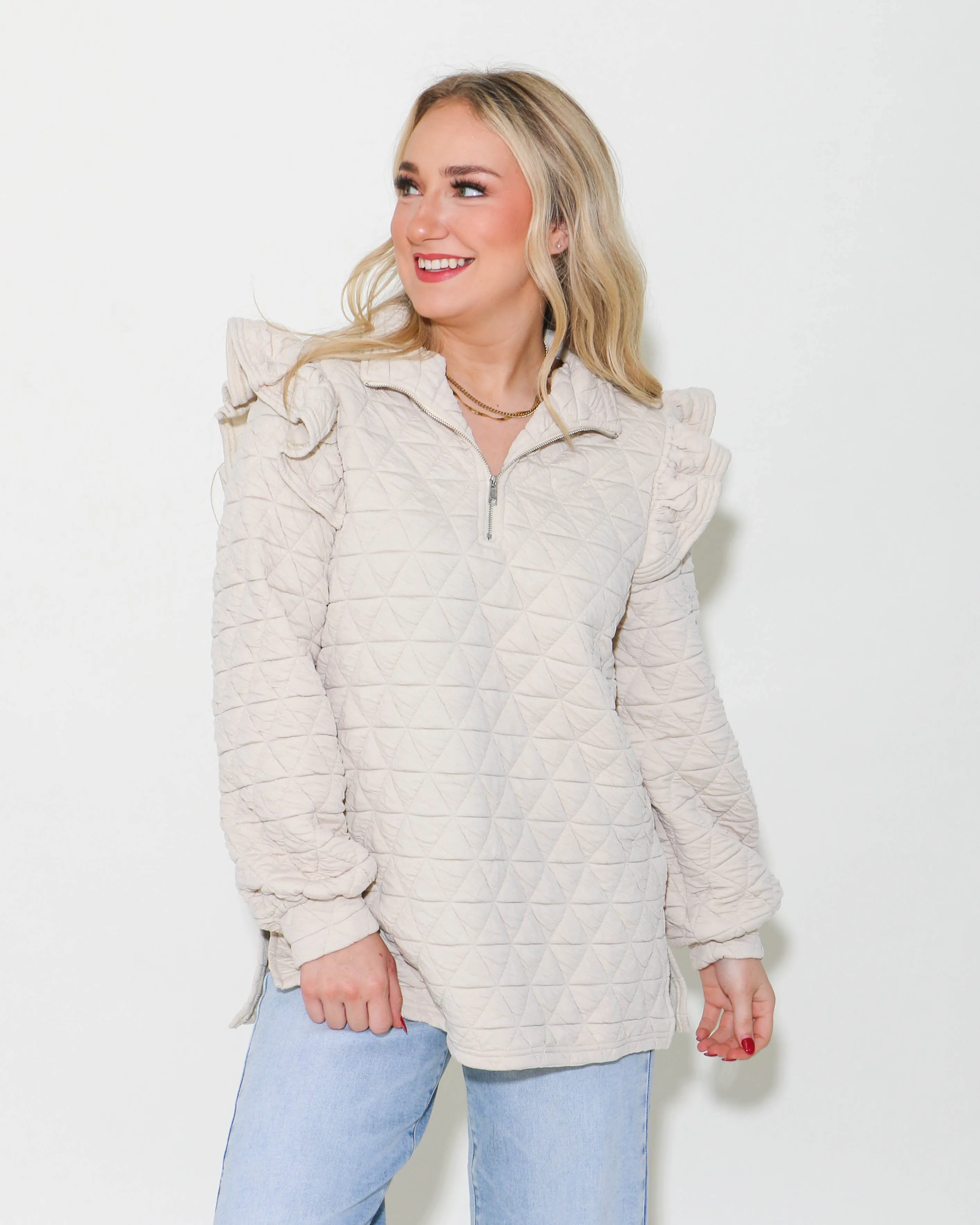 Quilted Half-Zip Pullover Top in Cream