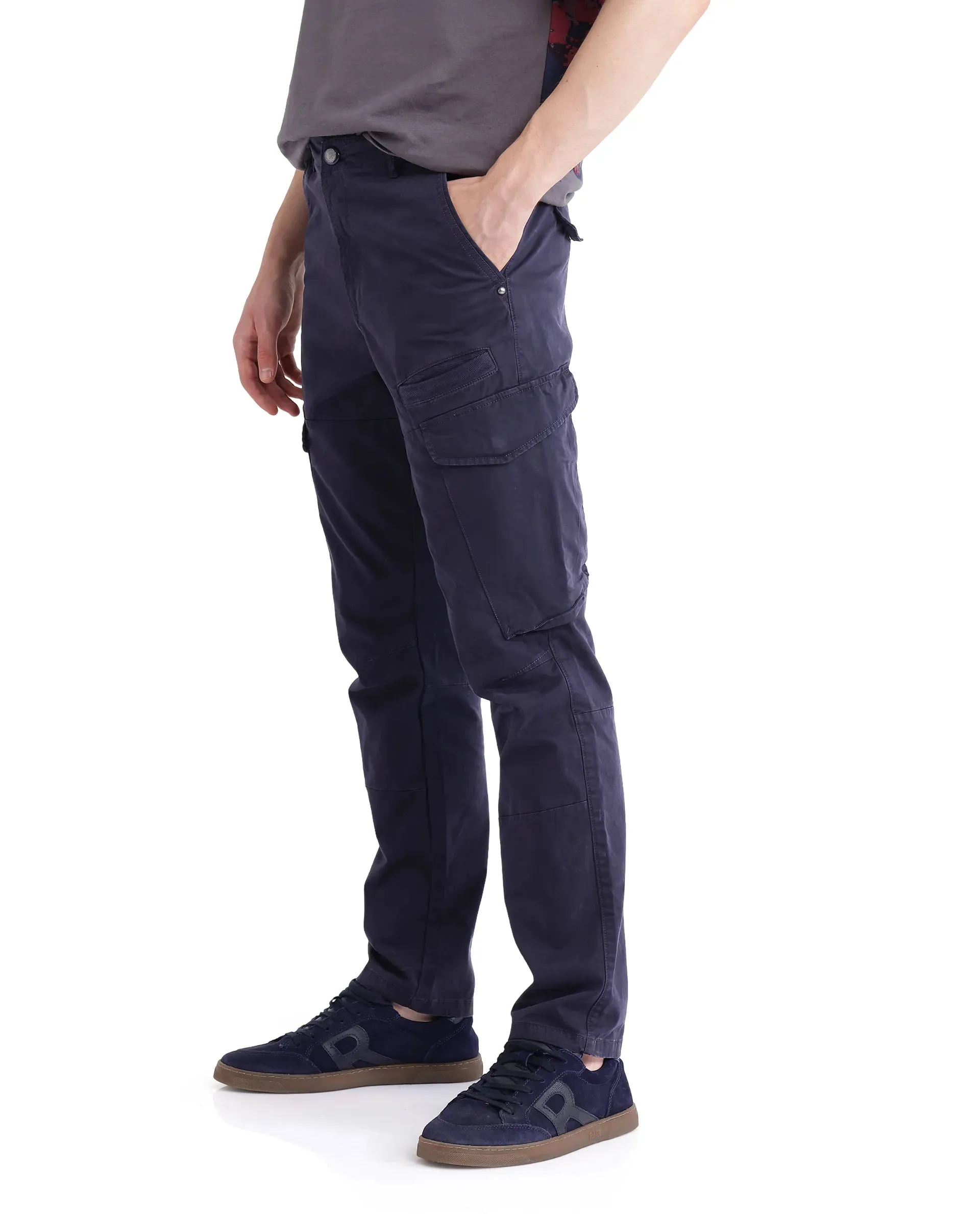 Rare Rabbit Men Ceder-1 Dark Navy Button and Zip Closure Multi-Pocket Plain Cargo Trouser