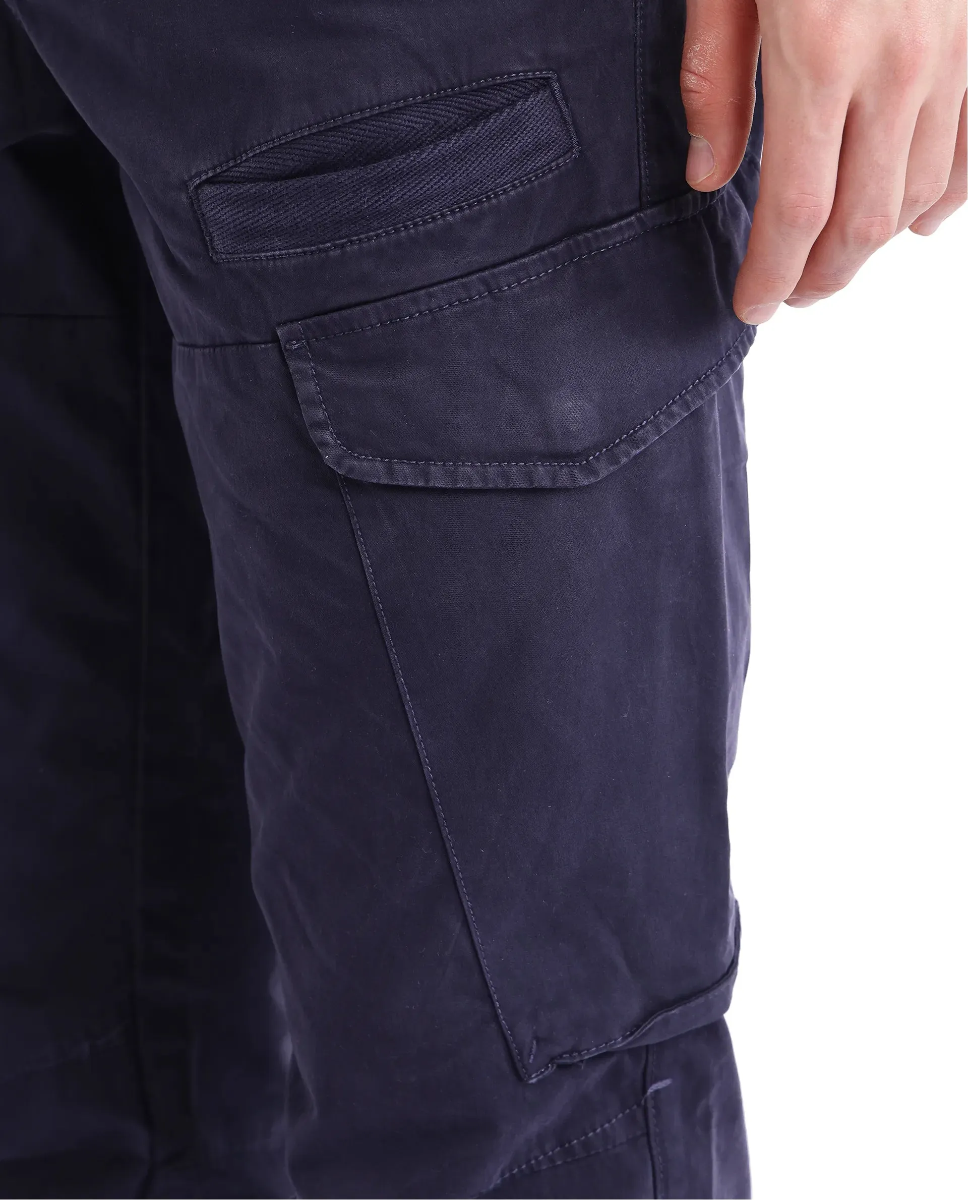 Rare Rabbit Men Ceder-1 Dark Navy Button and Zip Closure Multi-Pocket Plain Cargo Trouser