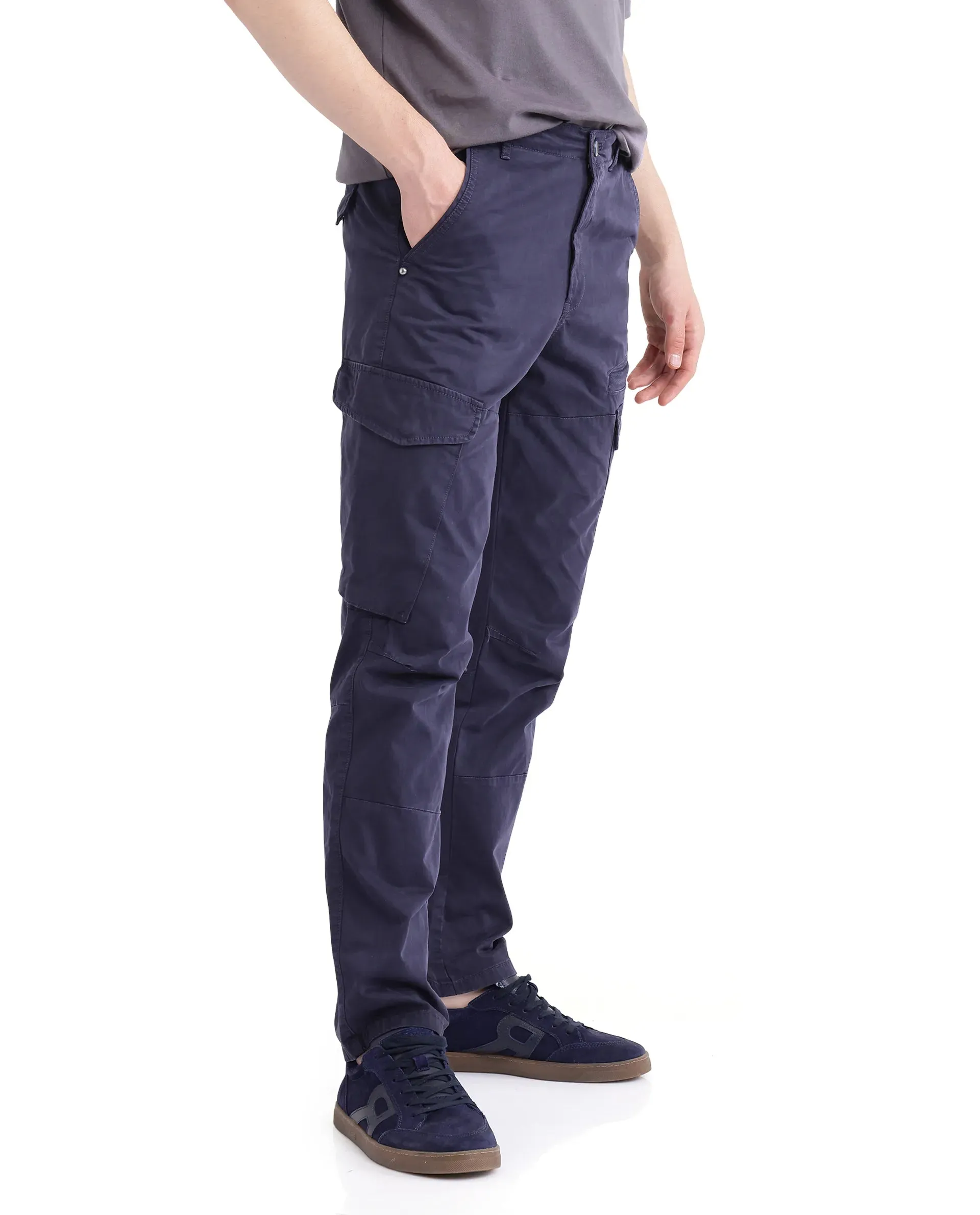 Rare Rabbit Men Ceder-1 Dark Navy Button and Zip Closure Multi-Pocket Plain Cargo Trouser