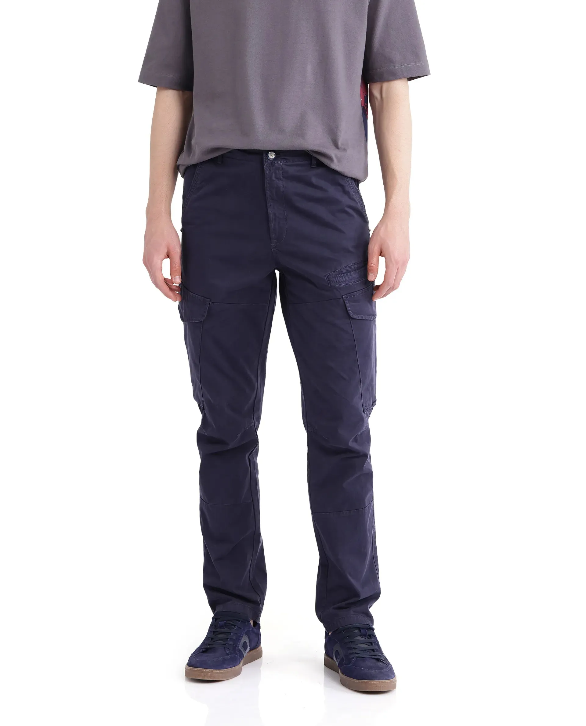 Rare Rabbit Men Ceder-1 Dark Navy Button and Zip Closure Multi-Pocket Plain Cargo Trouser